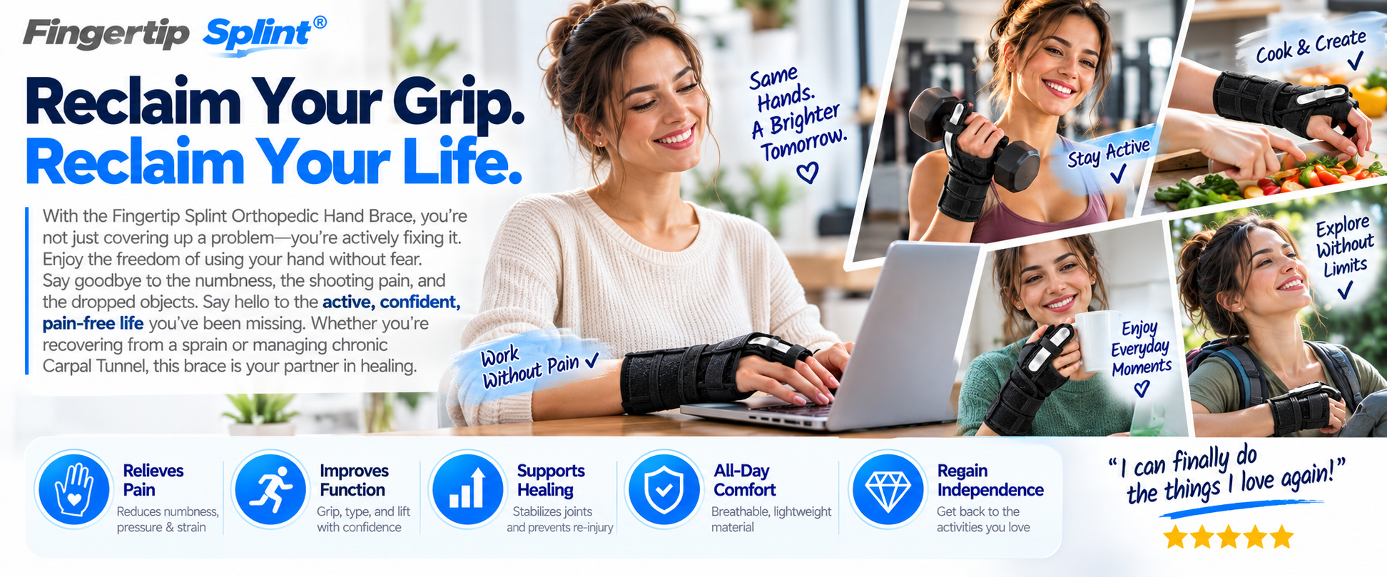Woman wearing a black orthopedic wrist brace with finger splint while typing on a laptop and participating in illustrated everyday activities