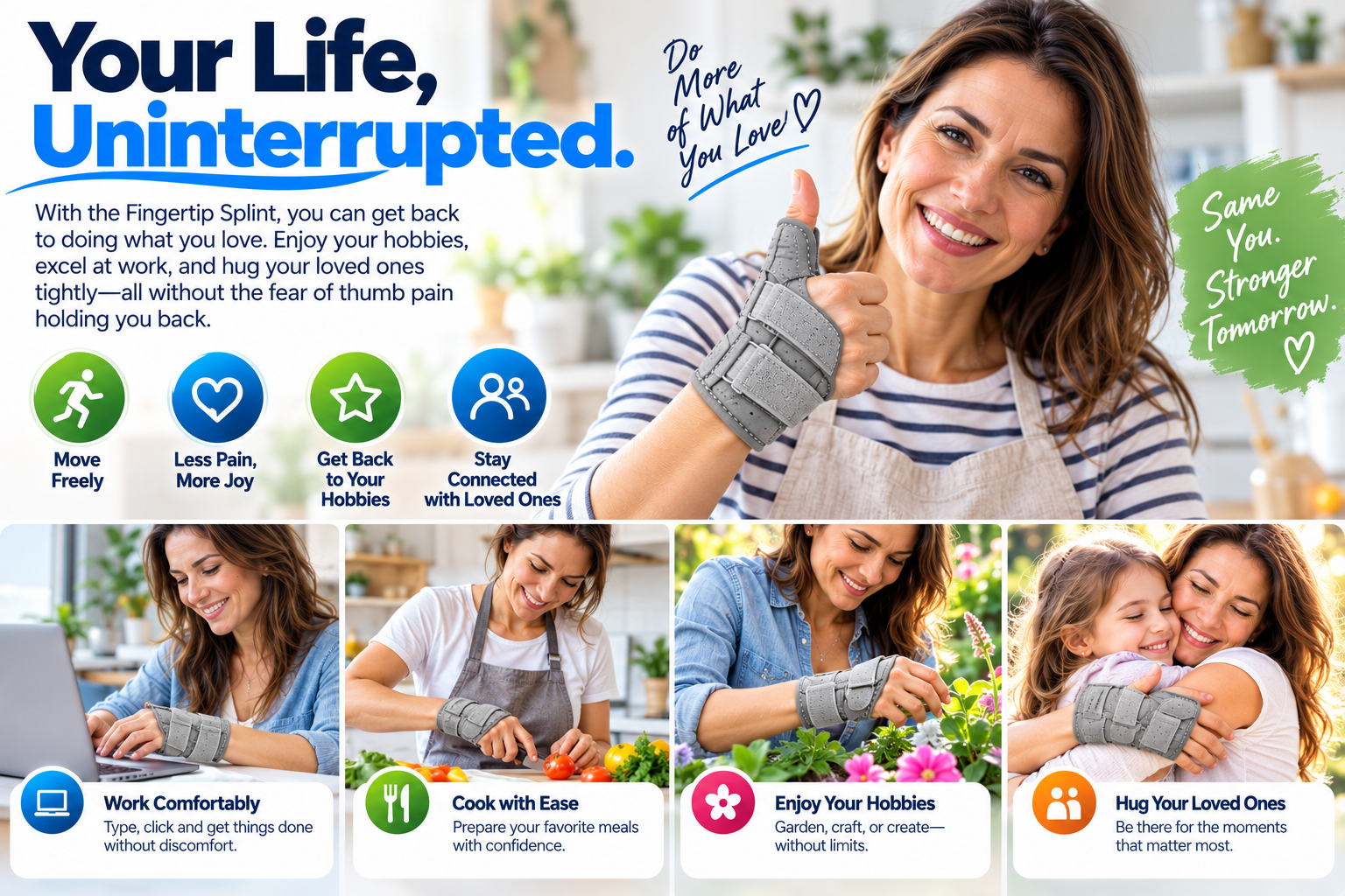 Woman wearing grey Fingertip Splint CMC thumb support during work cooking gardening and family activities