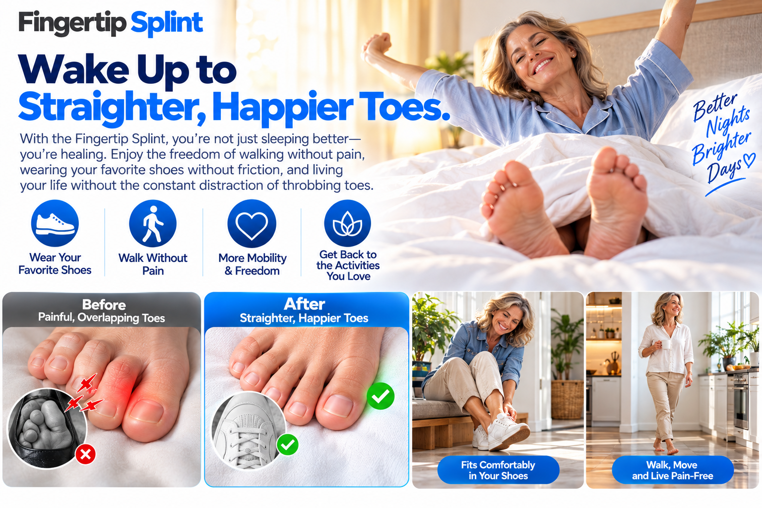 Woman enjoying a relaxed morning after using toe separator wraps during her nighttime foot care routine