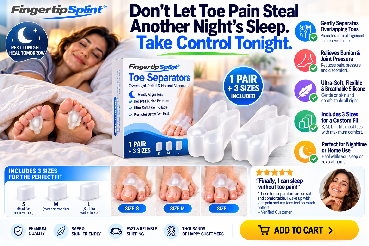 Fingertip Splint silicone toe separator pair with branded product packaging and small medium large cushion options