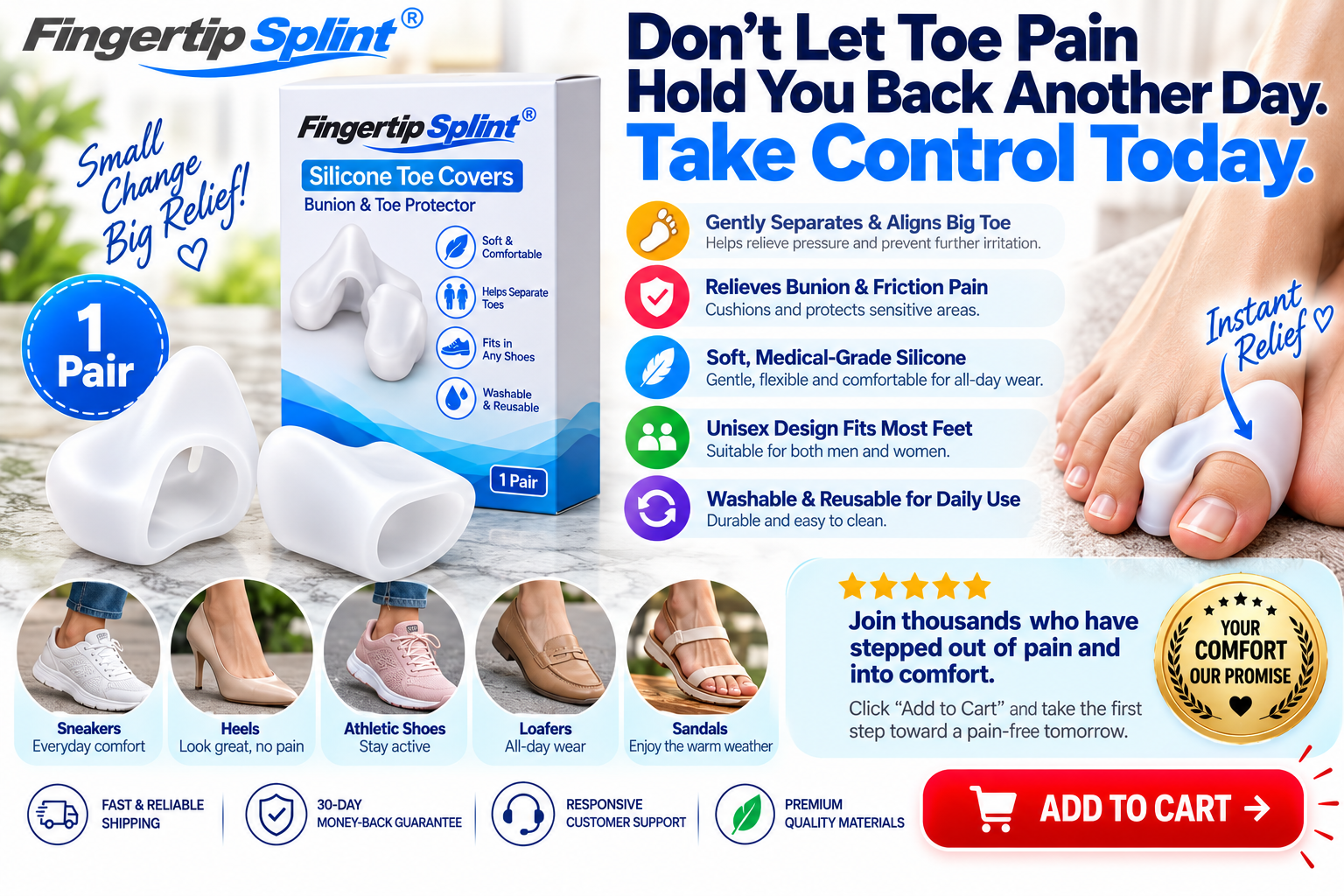 Fingertip Splint silicone big toe protector pair with branded packaging and product features