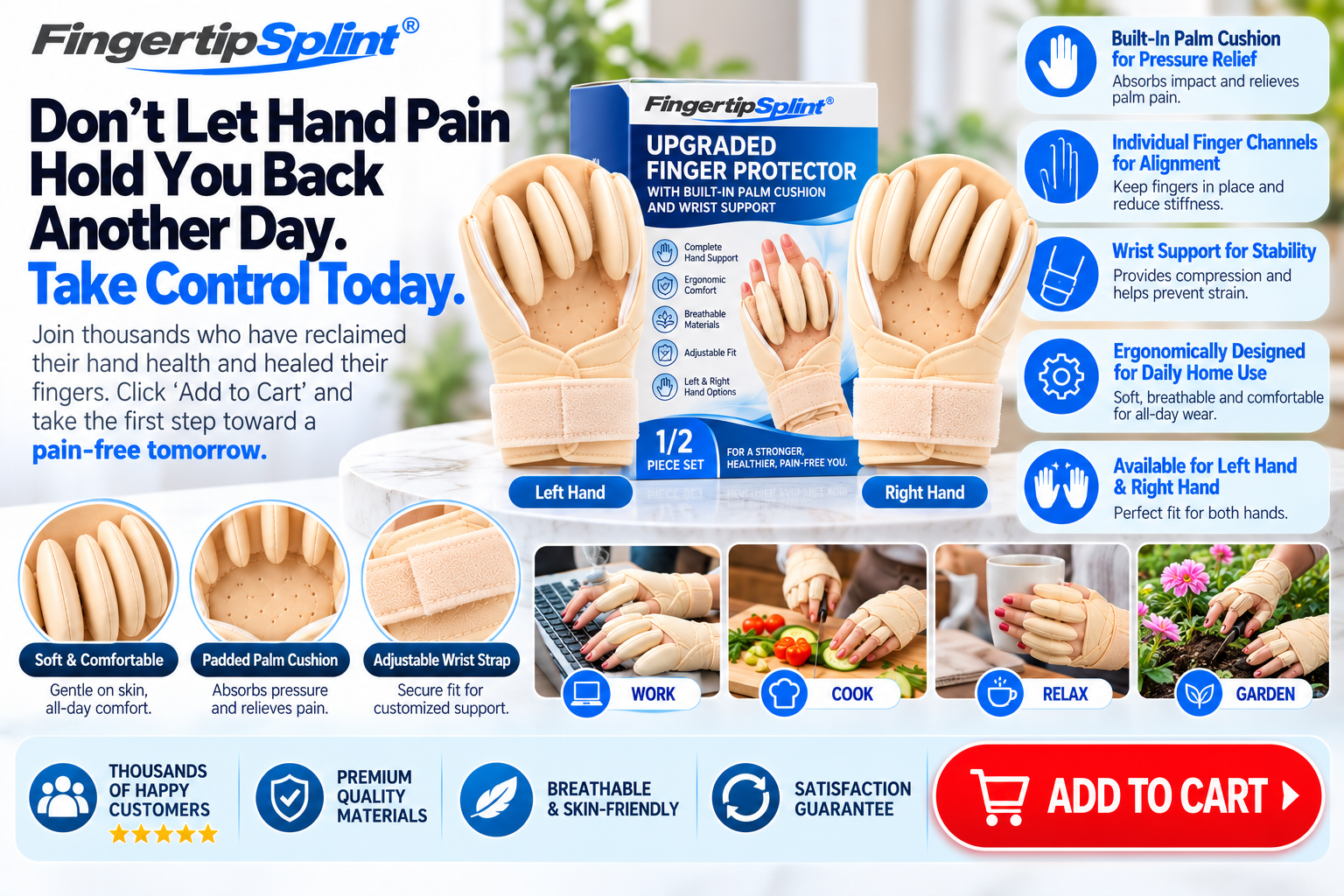 Fingertip Splint finger protectors with palm cushions, left and right hand options and branded product packaging