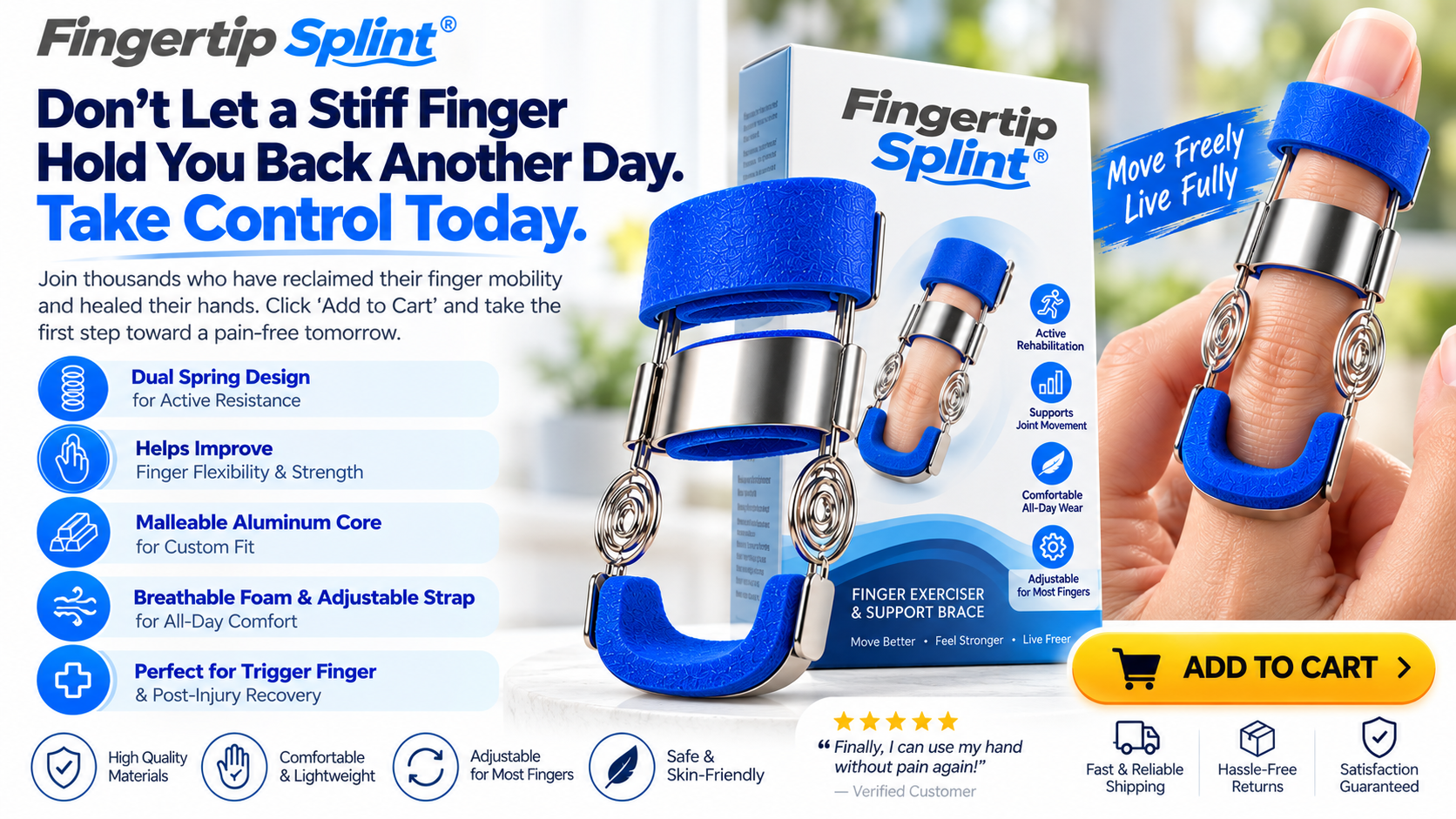 Fingertip Splint finger exerciser with dual coil springs, blue cushioned finger supports, metal frame and branded product packaging