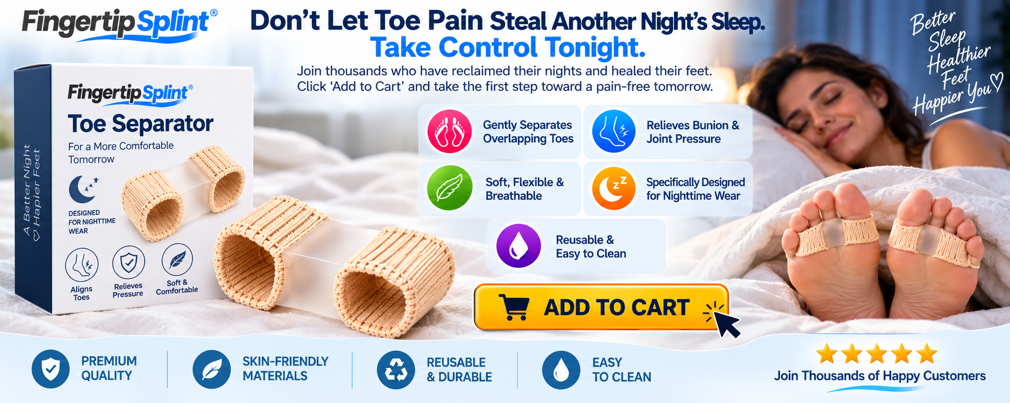 Fingertip Splint 1PCS beige toe separator with branded packaging, flexible toe loops and illustrated nighttime foot care features