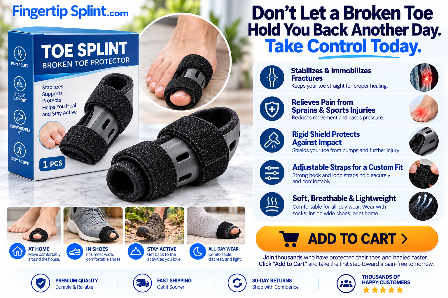 Fingertip Splint.com adjustable toe brace displayed with branded packaging, support features and product information