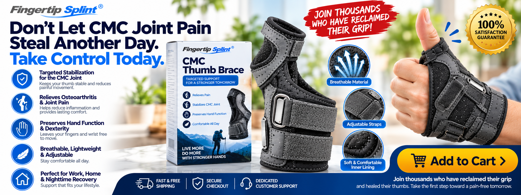 Fingertip Splint CMC thumb brace displayed with branded packaging adjustable straps breathable fabric details and product benefits