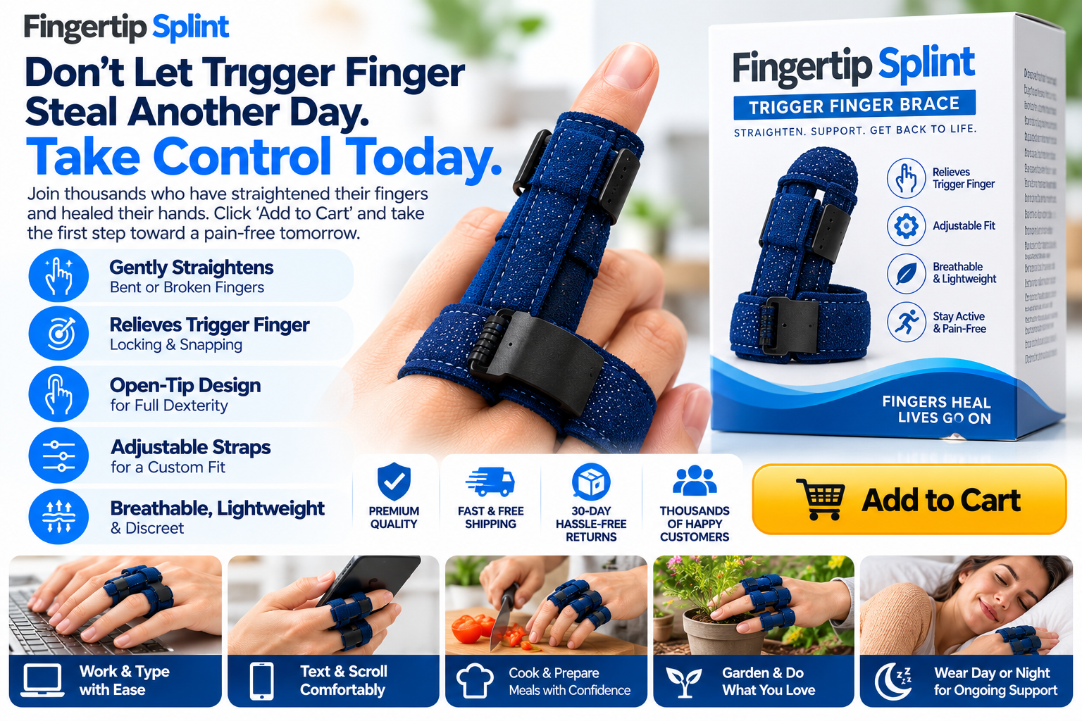 Fingertip Splint adjustable blue trigger finger brace displayed with branded packaging and product feature illustrations