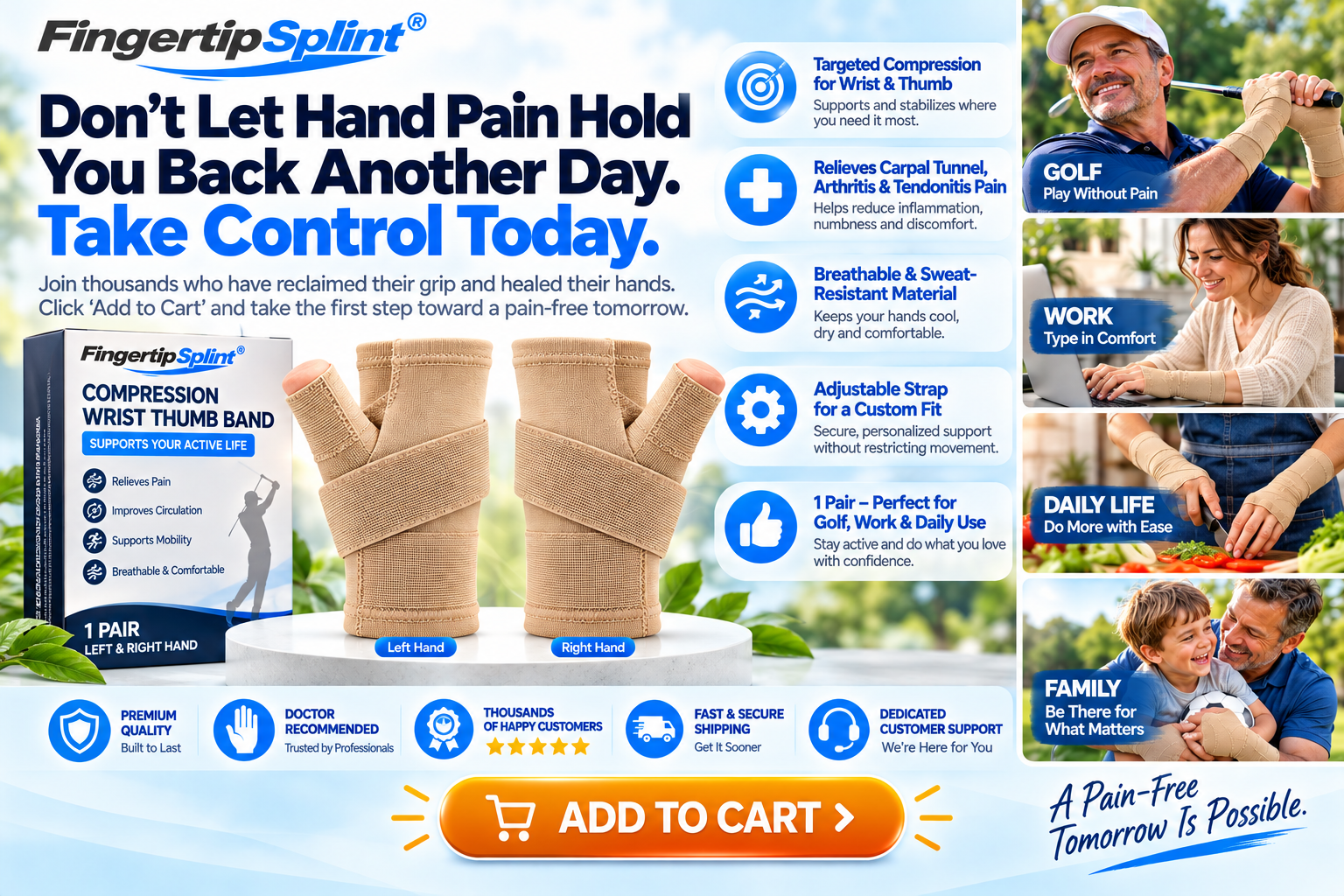 Fingertip Splint compression wrist thumb support pair with product packaging and feature overview