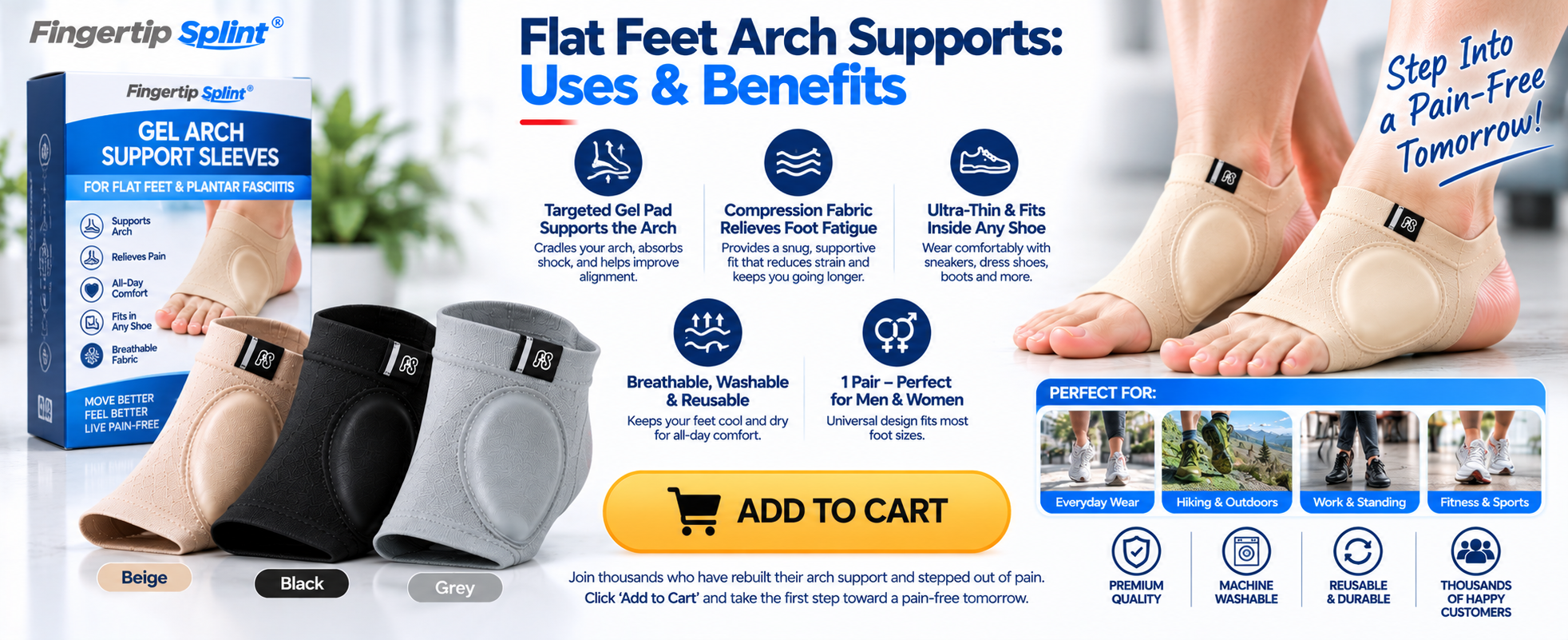 Fingertip Splint gel arch support sleeves in beige, black and grey with branded packaging, cushioning benefits and product features