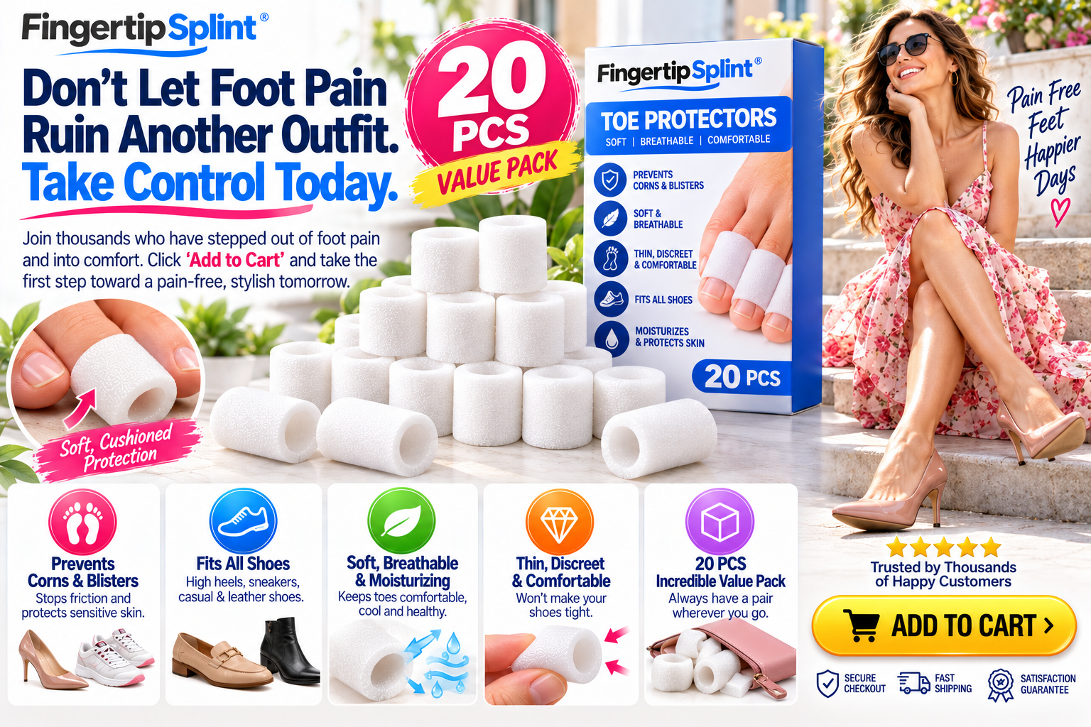 Fingertip Splint 20-piece white toe protector set with cushioned sleeves, branded box and footwear compatibility illustrations