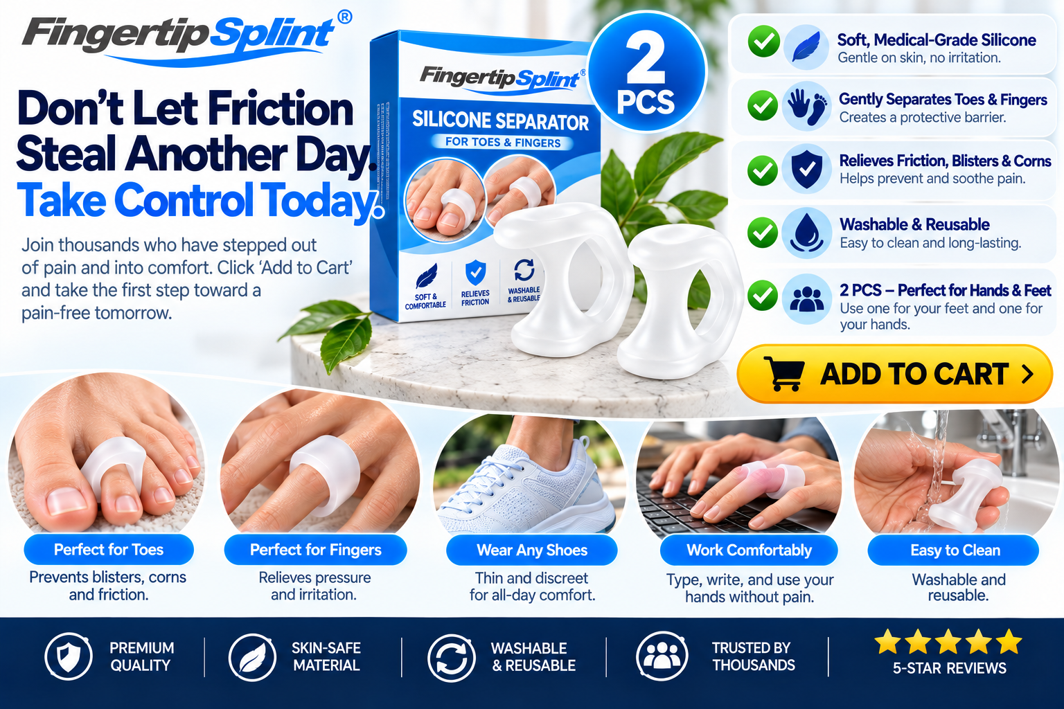Fingertip Splint 2PCS silicone toe separator set with branded packaging and product features