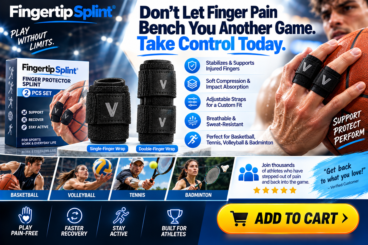 Fingertip Splint 2-piece finger protector set with single and double finger wraps, packaging and product features