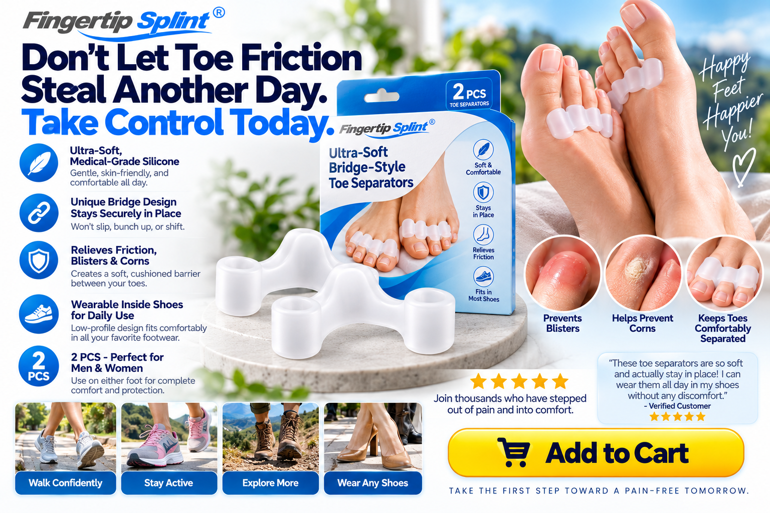 Fingertip Splint 2PCS bridge-style silicone toe separators with branded packaging and feature highlights