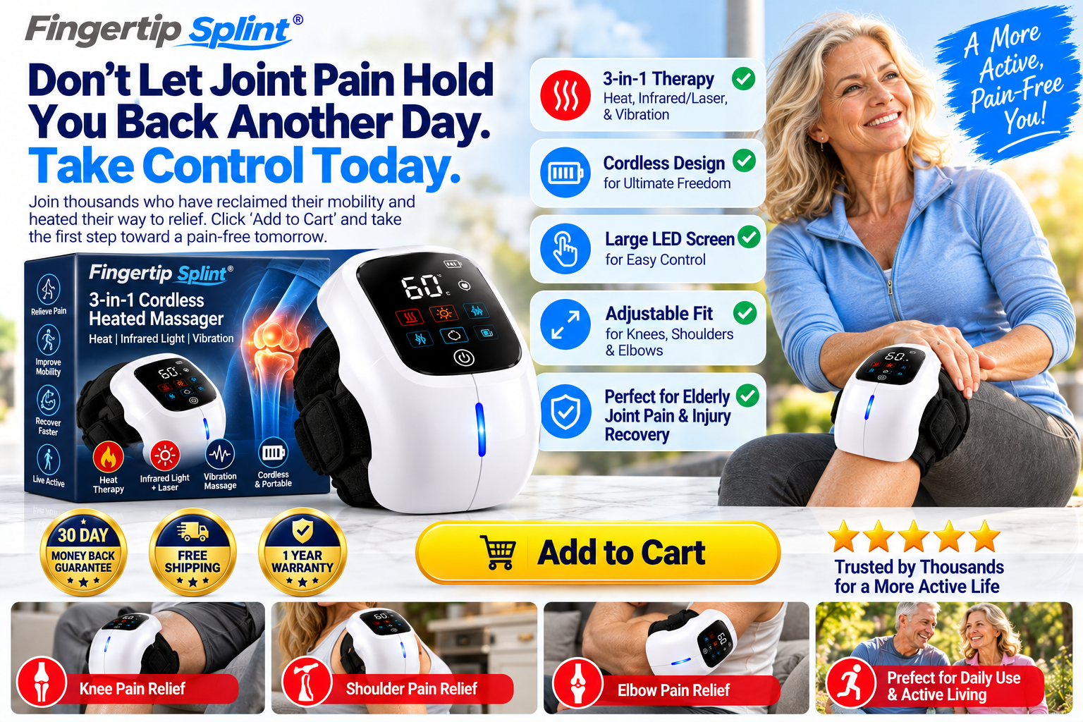 Fingertip Splint 3-in-1 cordless heated knee massager with branded packaging, LED screen, heat, infrared light and vibration features