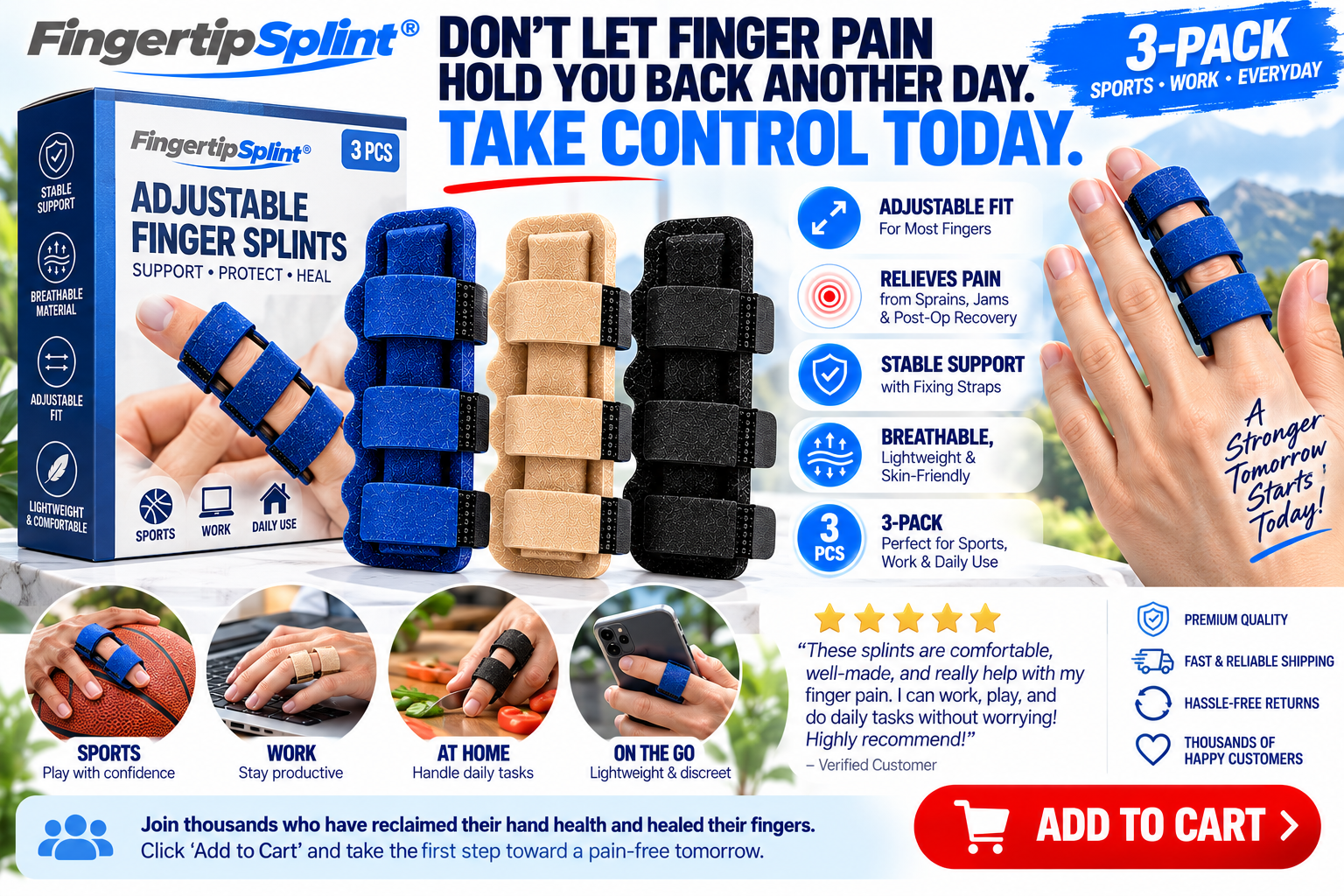 Fingertip Splint 3-piece adjustable finger brace set with fixing straps displayed alongside product packaging and feature icons