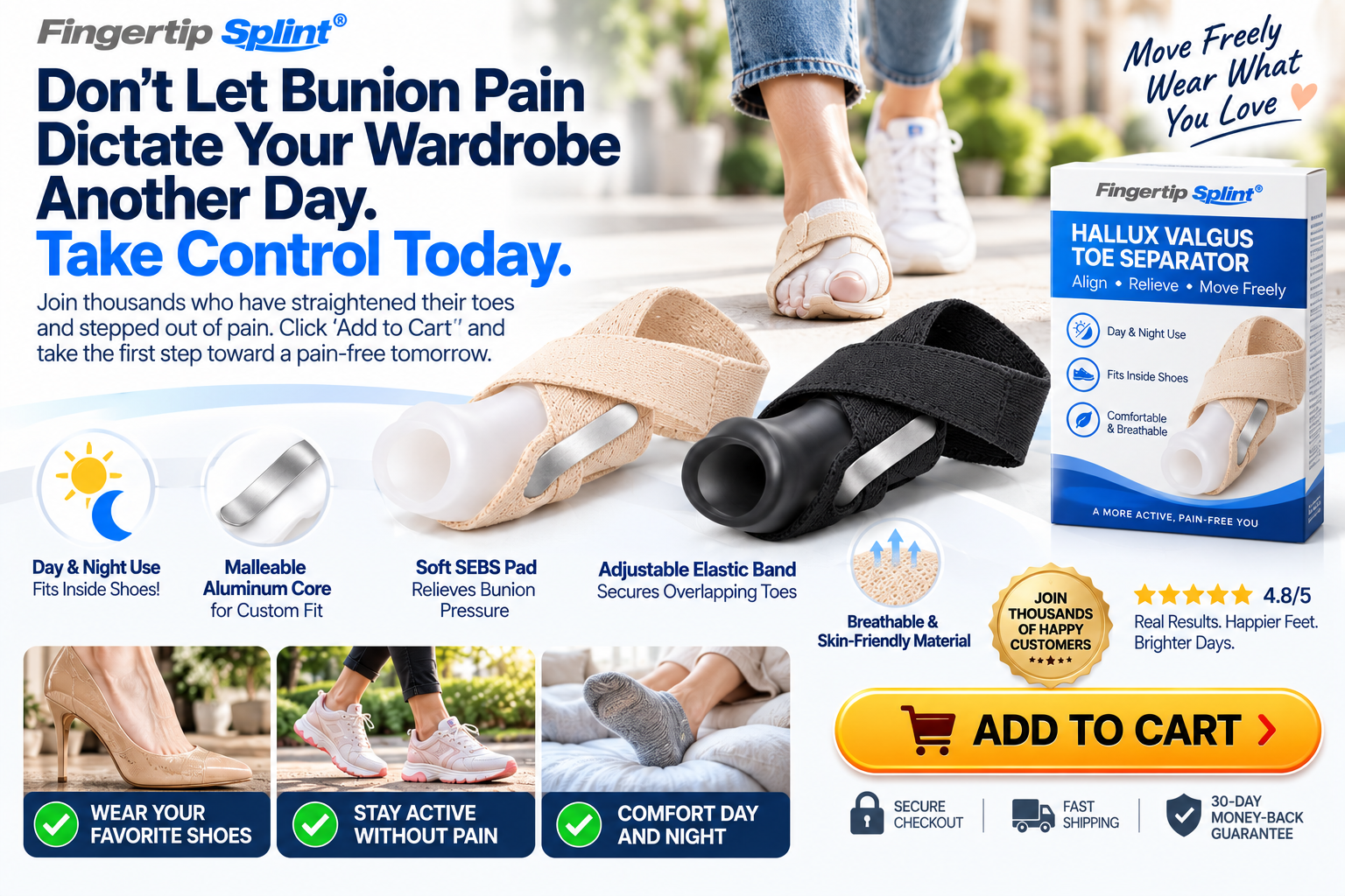 Fingertip Splint hallux valgus toe separators in beige and black with branded packaging and elastic forefoot support features
