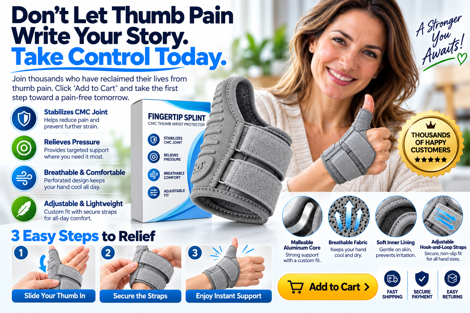 Fingertip Splint grey CMC thumb wrist protector with product packaging application steps and support features