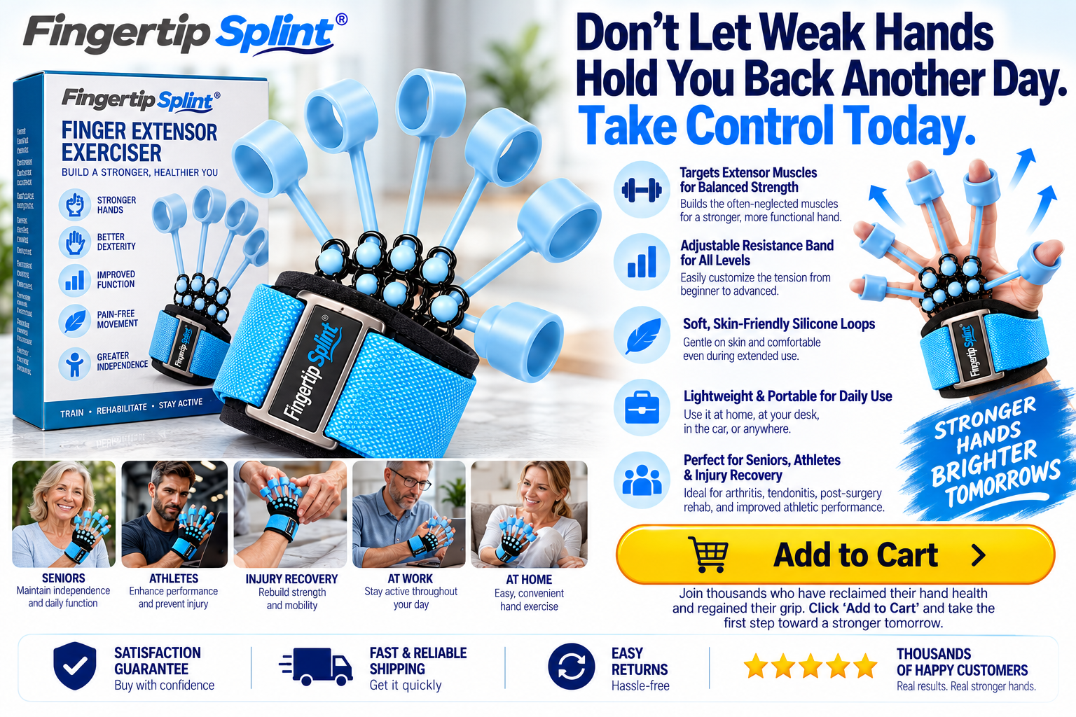 Fingertip Splint finger extensor exerciser with blue silicone finger loops, elastic resistance bands, wrist strap and branded packaging