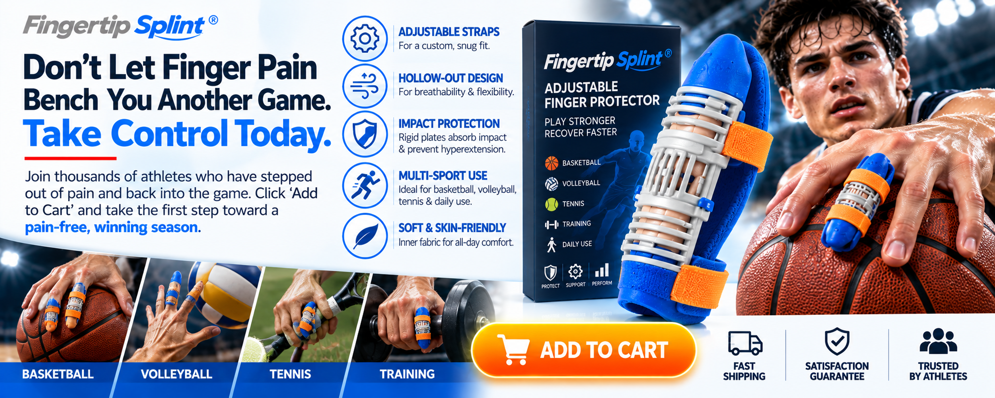 Fingertip Splint adjustable hollow-out finger protector with branded packaging, sports illustrations and finger brace feature icons