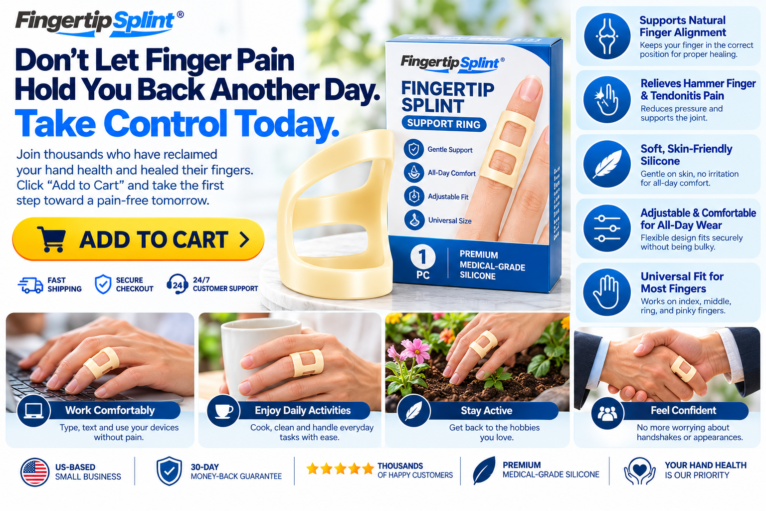Fingertip Splint silicone finger support ring with branded packaging, open-frame construction and joint support features