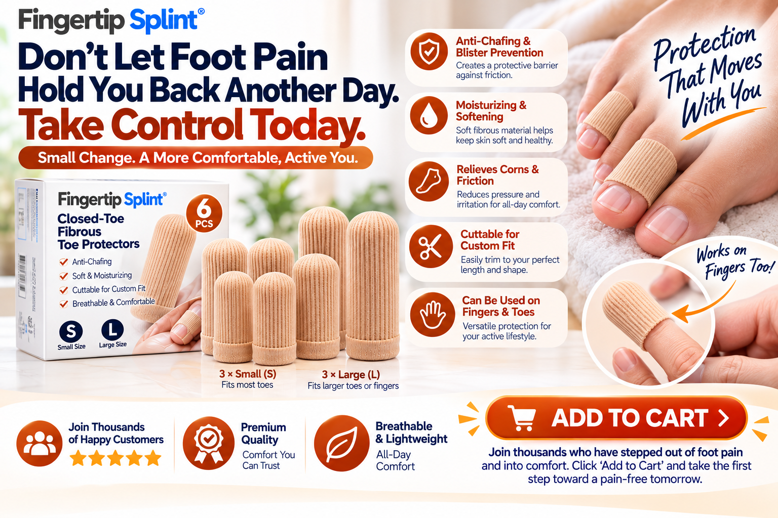 Fingertip Splint six-piece closed-toe fibrous toe protector set with beige sleeves, size options and finger or toe use