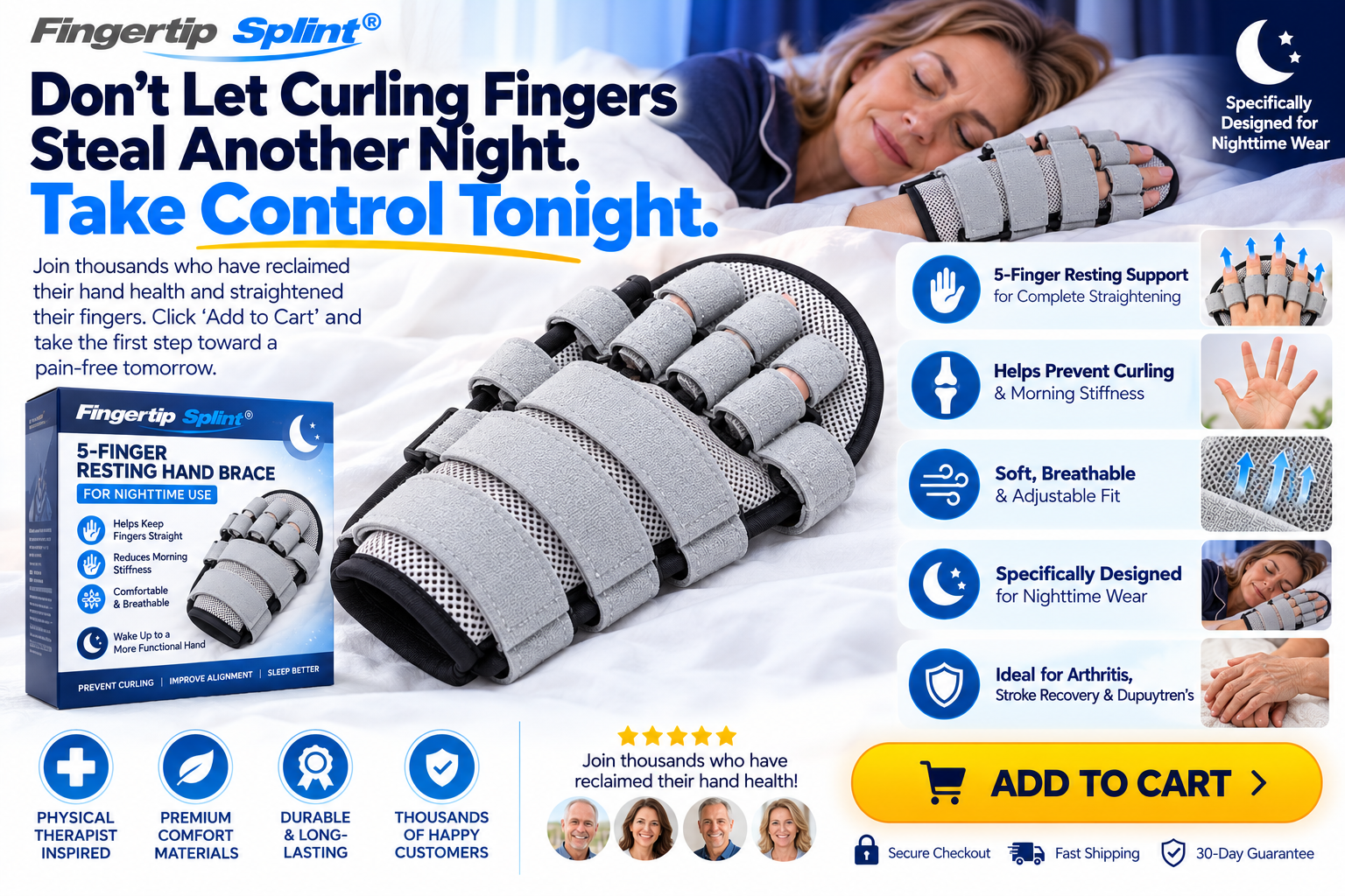 Fingertip Splint adjustable five finger resting hand brace with branded packaging, breathable mesh, individual finger straps and product feature graphics