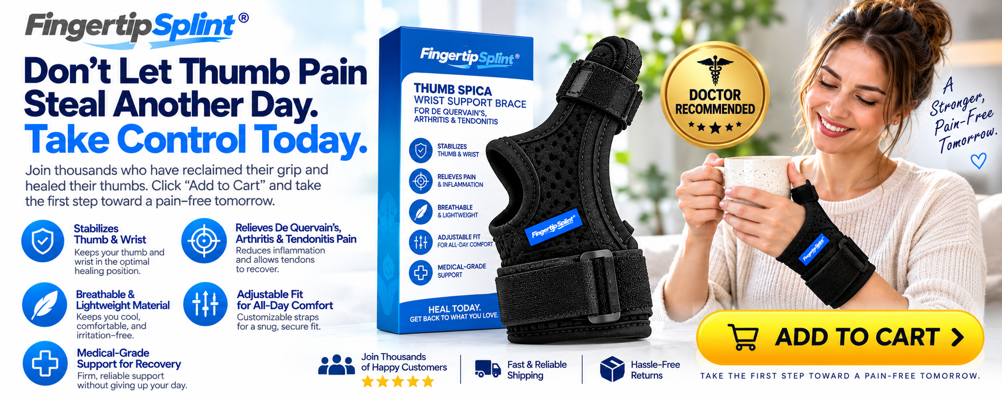 Fingertip Splint thumb spica wrist support brace displayed beside blue branded packaging with adjustable straps and breathable construction