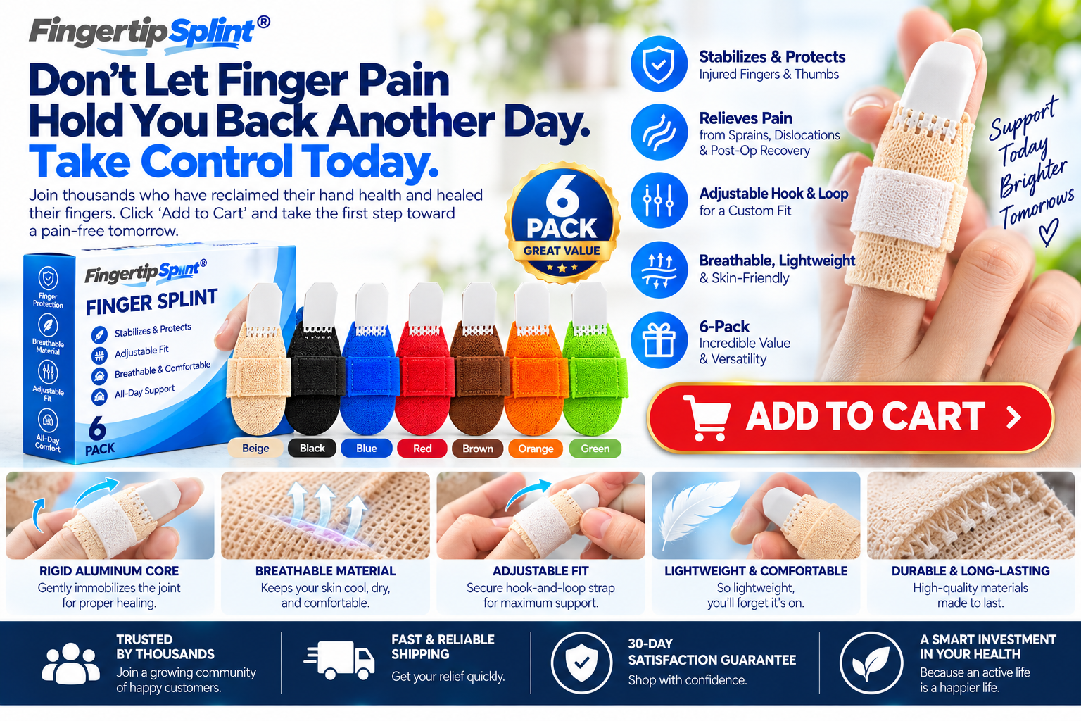 Fingertip Splint adjustable finger and thumb support sleeves displayed in multiple colors with product packaging