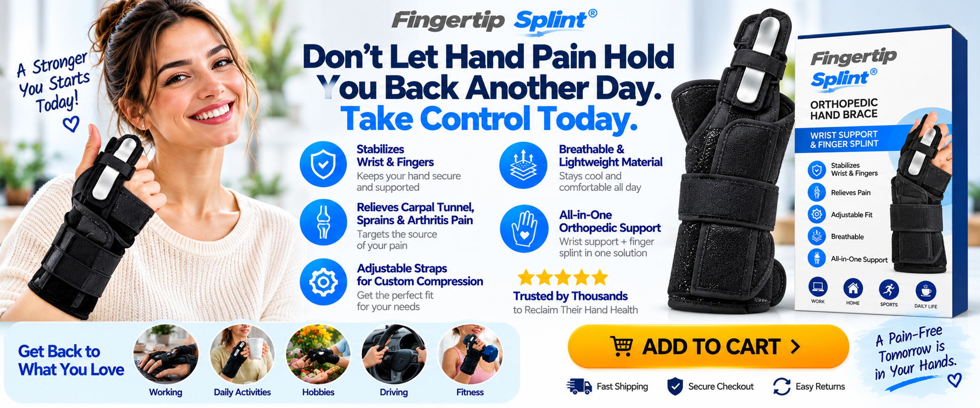 Fingertip Splint black orthopedic wrist support brace with finger splint, adjustable straps, branded packaging and product feature illustrations