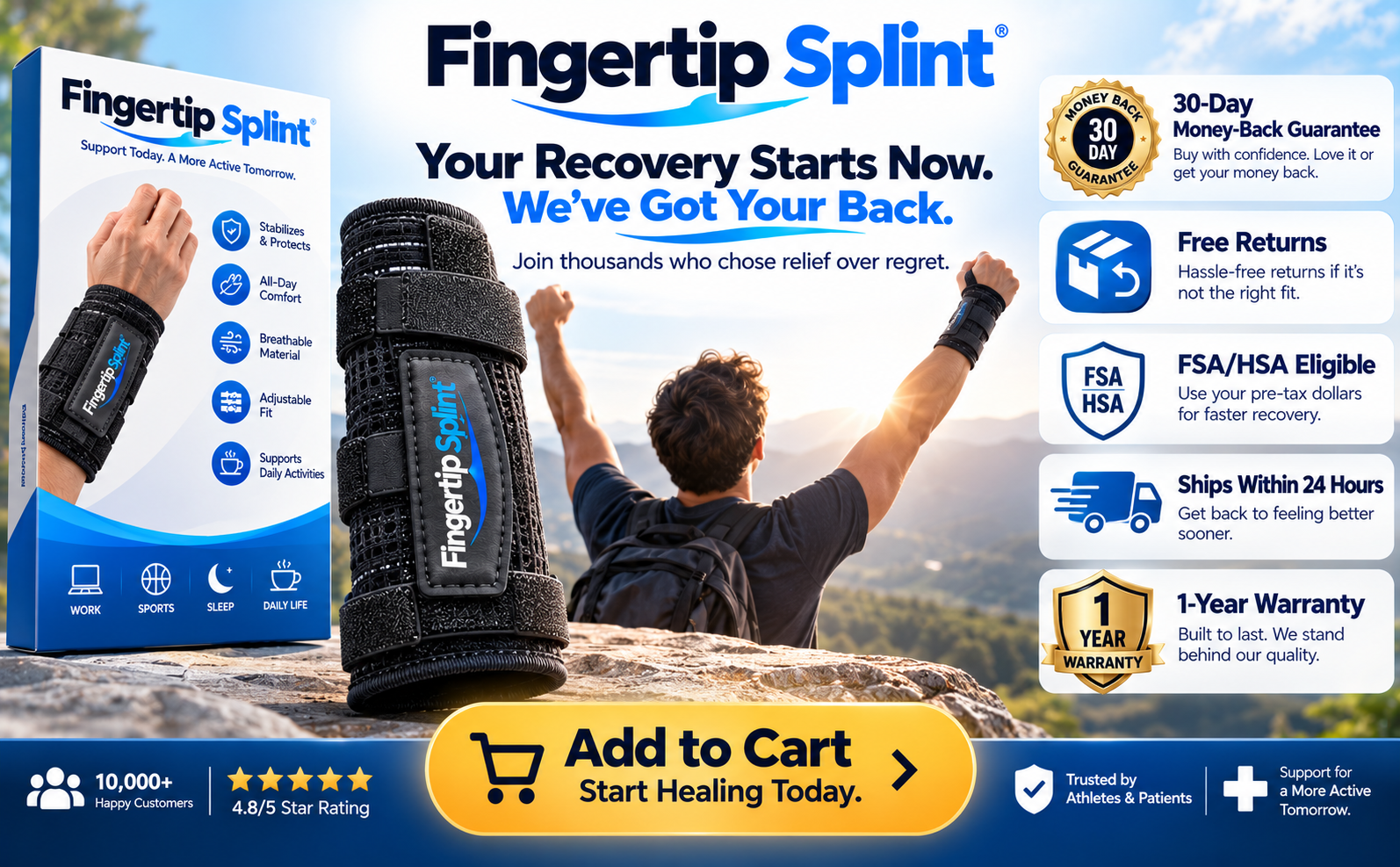 Fingertip Splint adjustable compression wrist brace with packaging and everyday wrist support features
