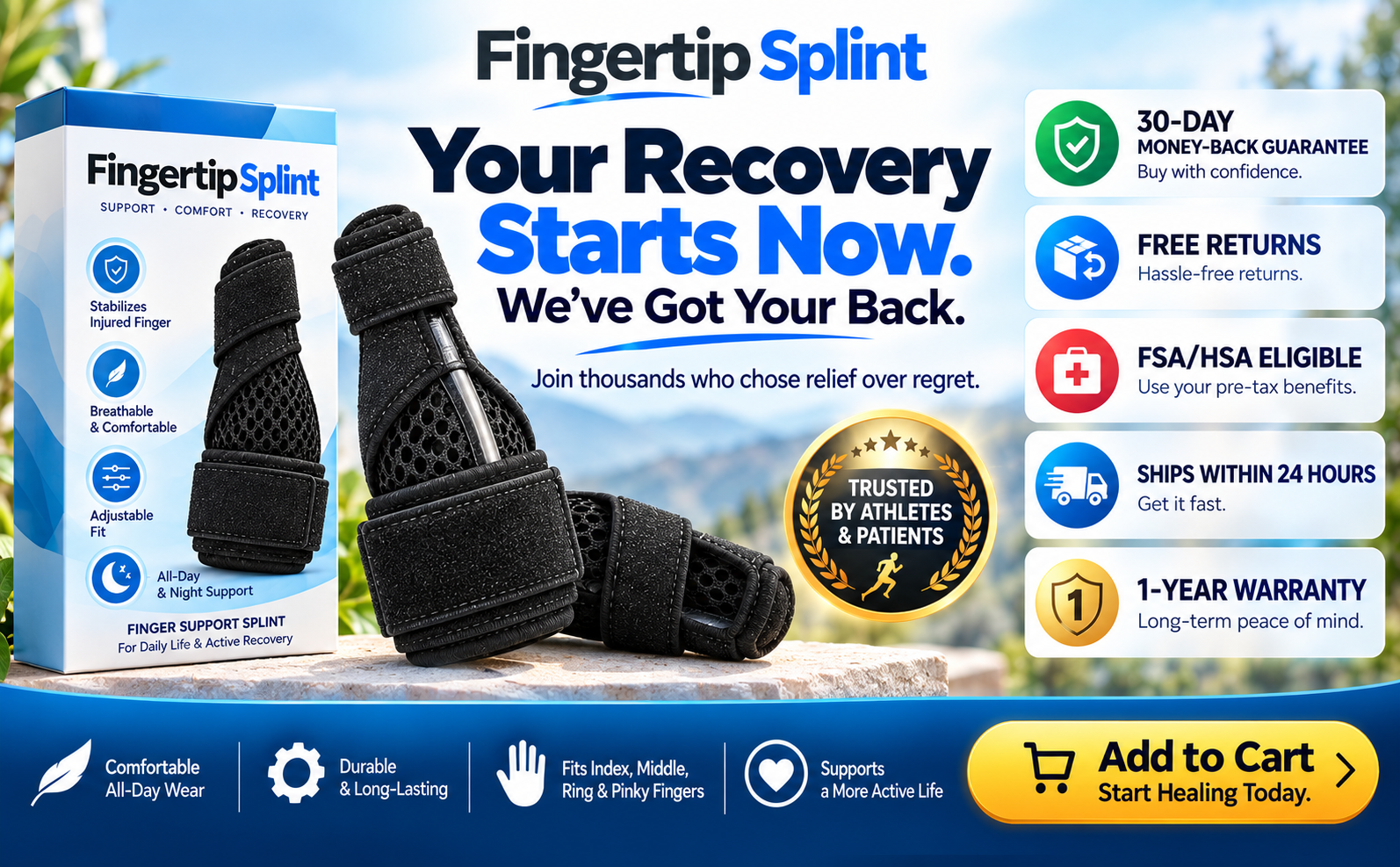 Fingertip Splint adjustable wrist and thumb brace with professional packaging and supportive comfort features