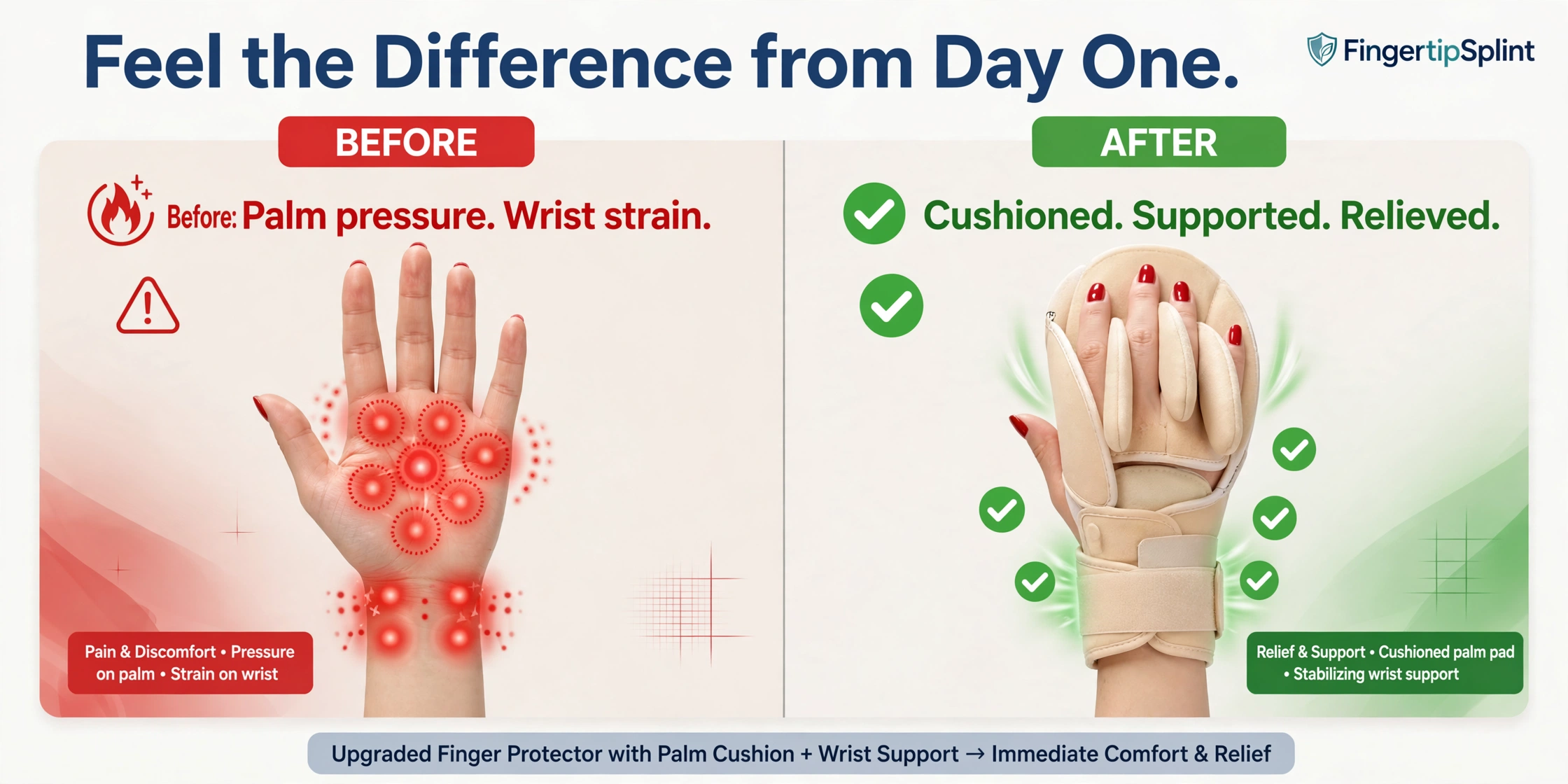 Finger protector with palm cushion showing the difference in comfort