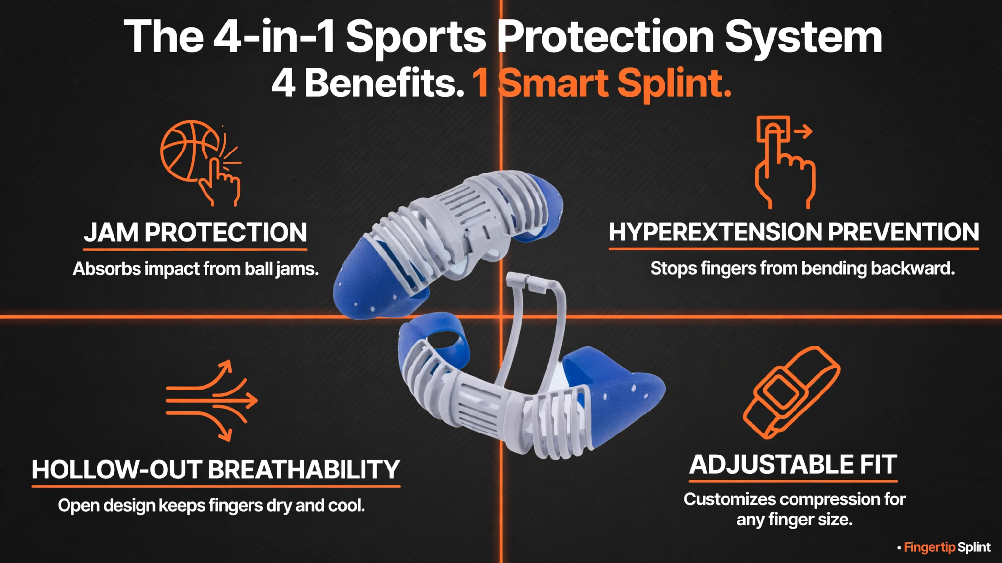 Adjustable finger splint for basketball and volleyball finger injuries