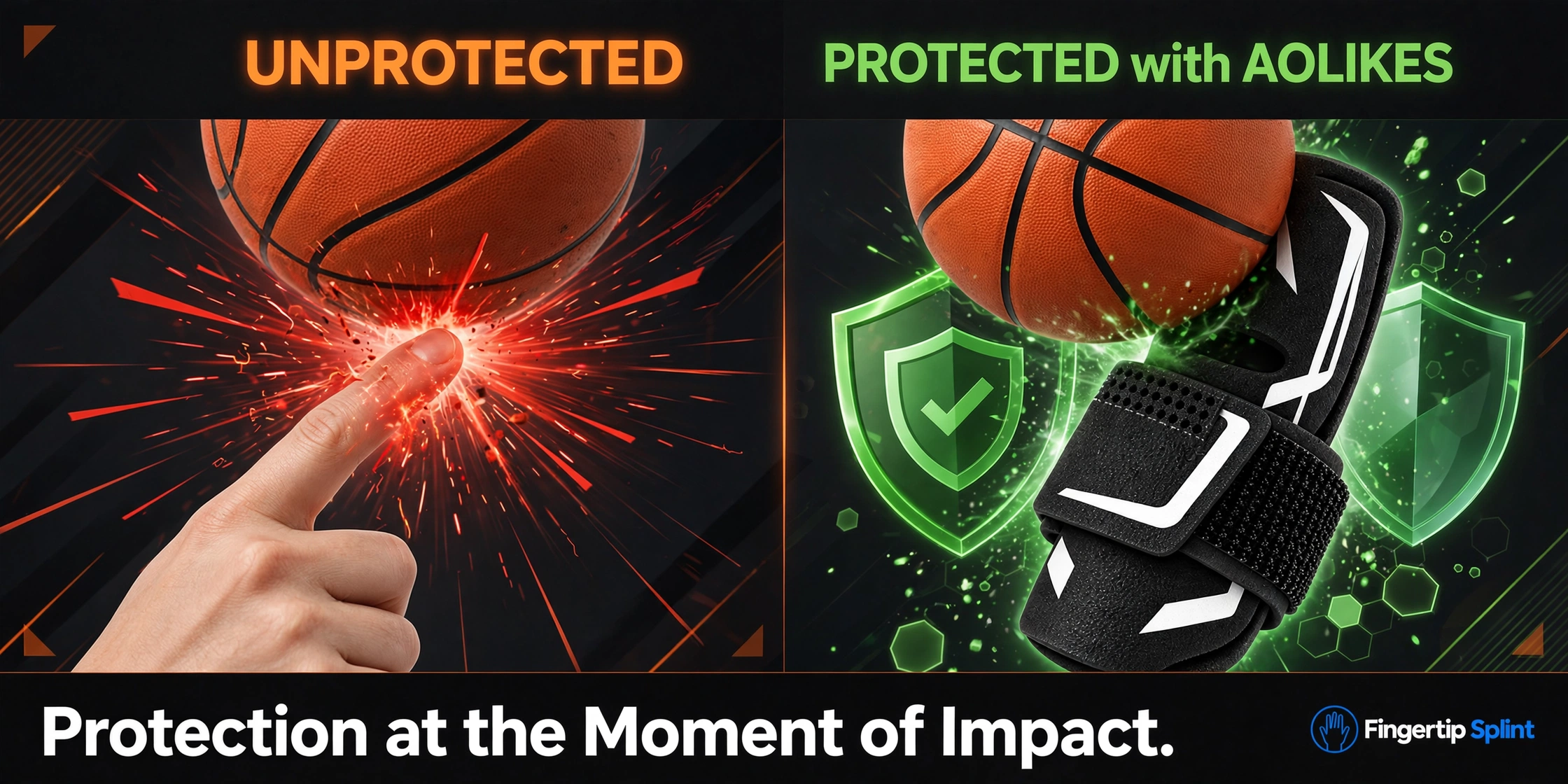 Protection at the moment of impact showing a finger splint guard absorbing ball contact during basketball