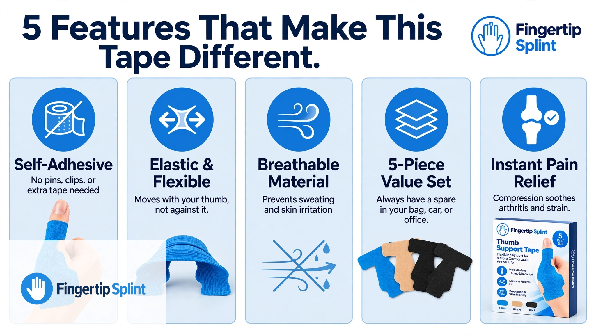Five features of thumb support tape including elasticity, adhesion, width, length, and thumb coverage