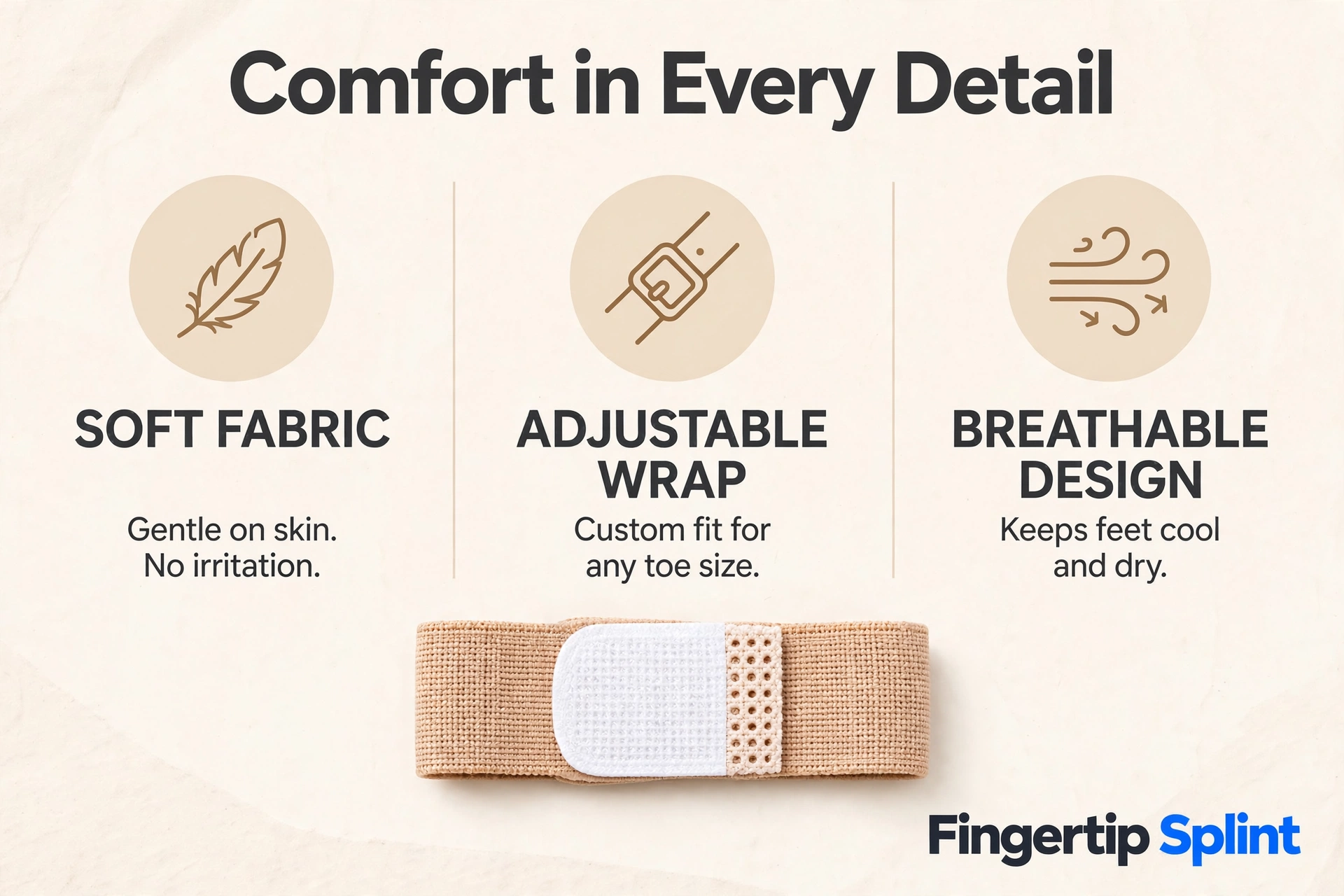 Comfort-focused toe separator for nighttime use showing soft contact areas and adjustable fit