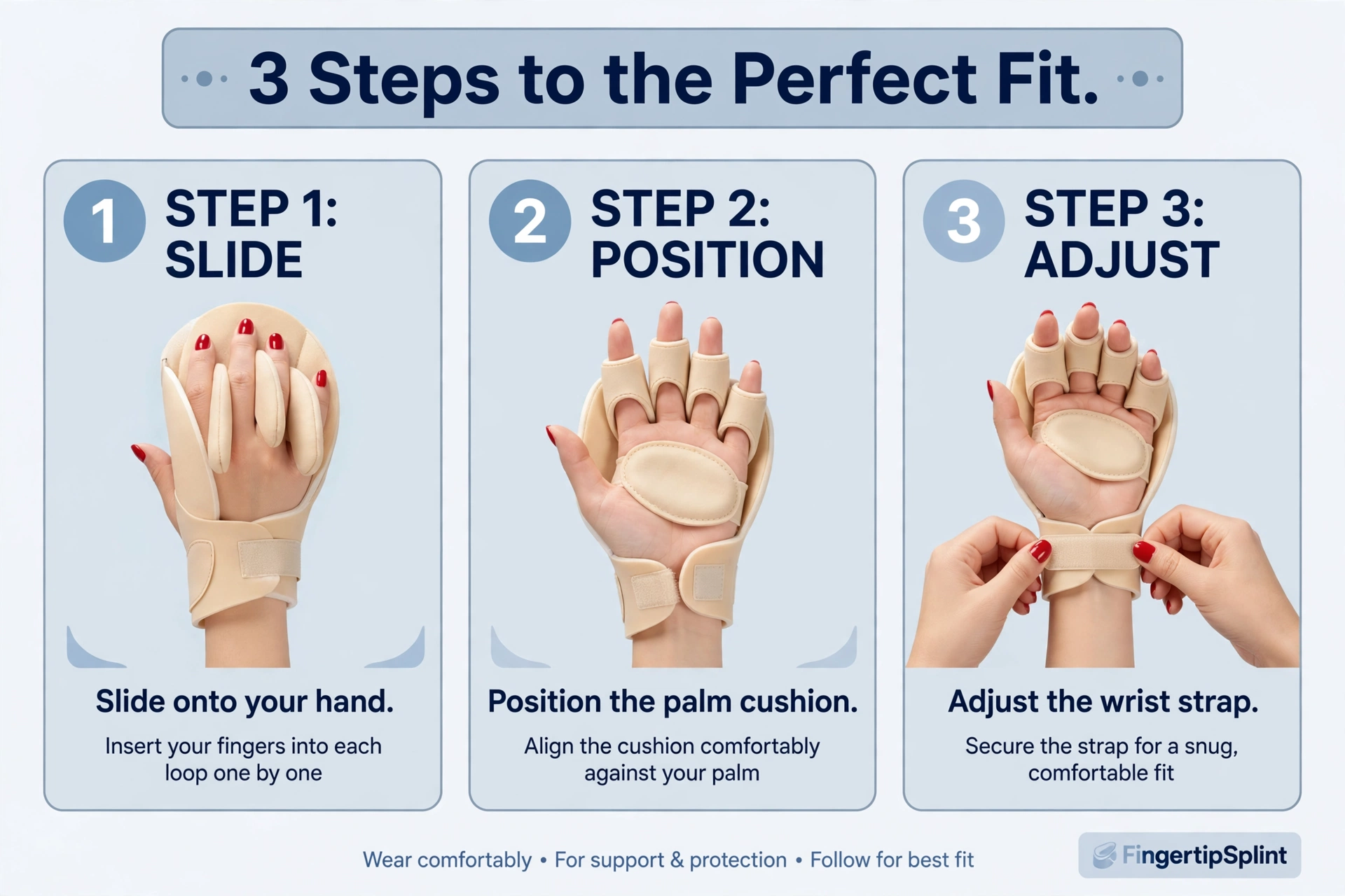 Finger protector with palm cushion showing three simple steps for use