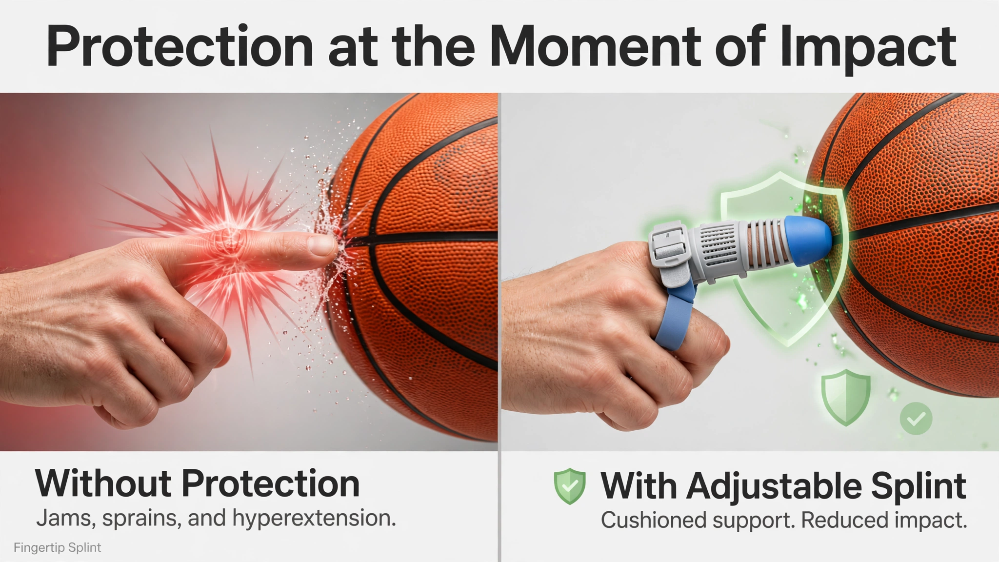 Adjustable finger splint support for sports injuries and finger protection