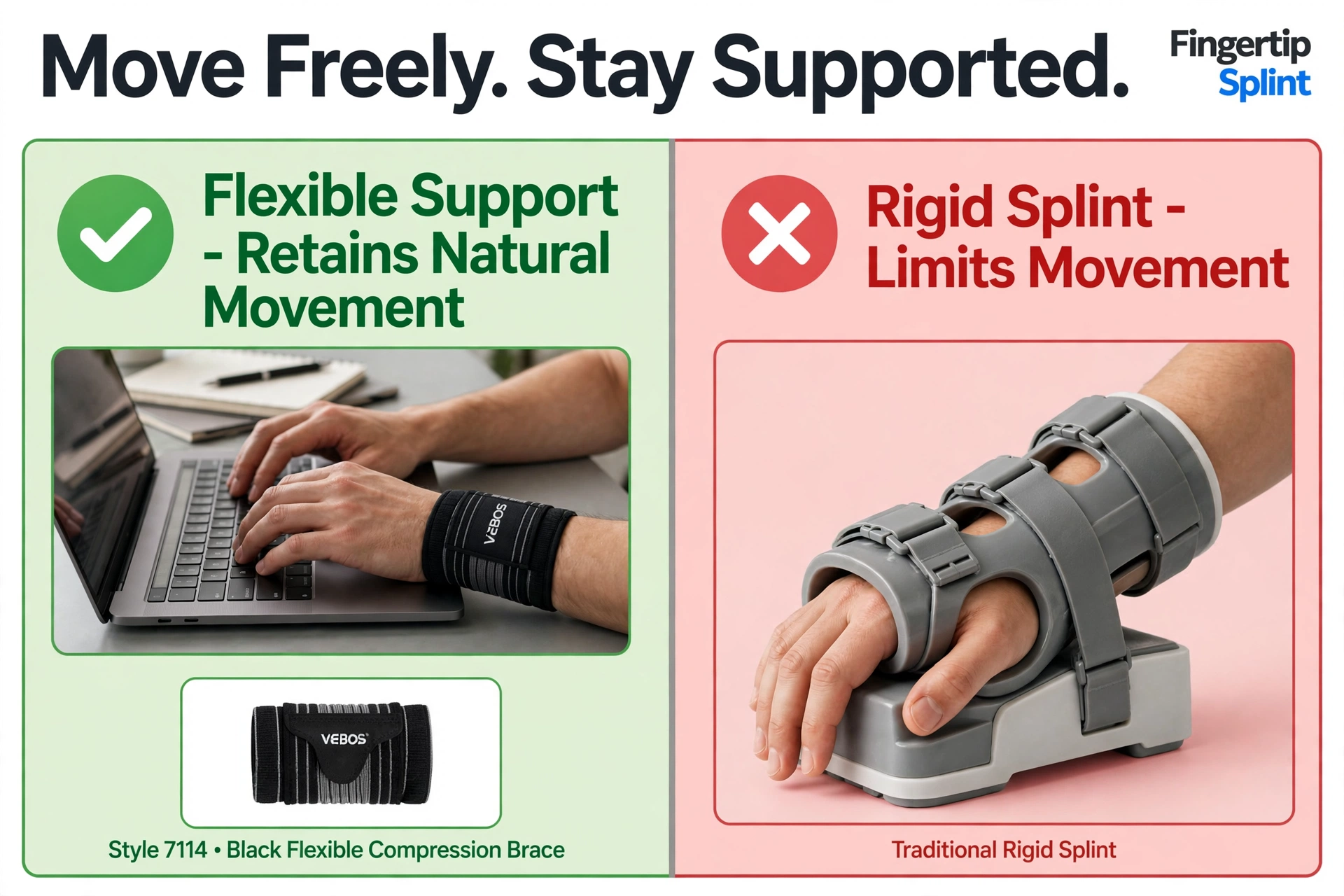 Free movement with an adjustable compression wrist brace showing preserved finger and hand mobility