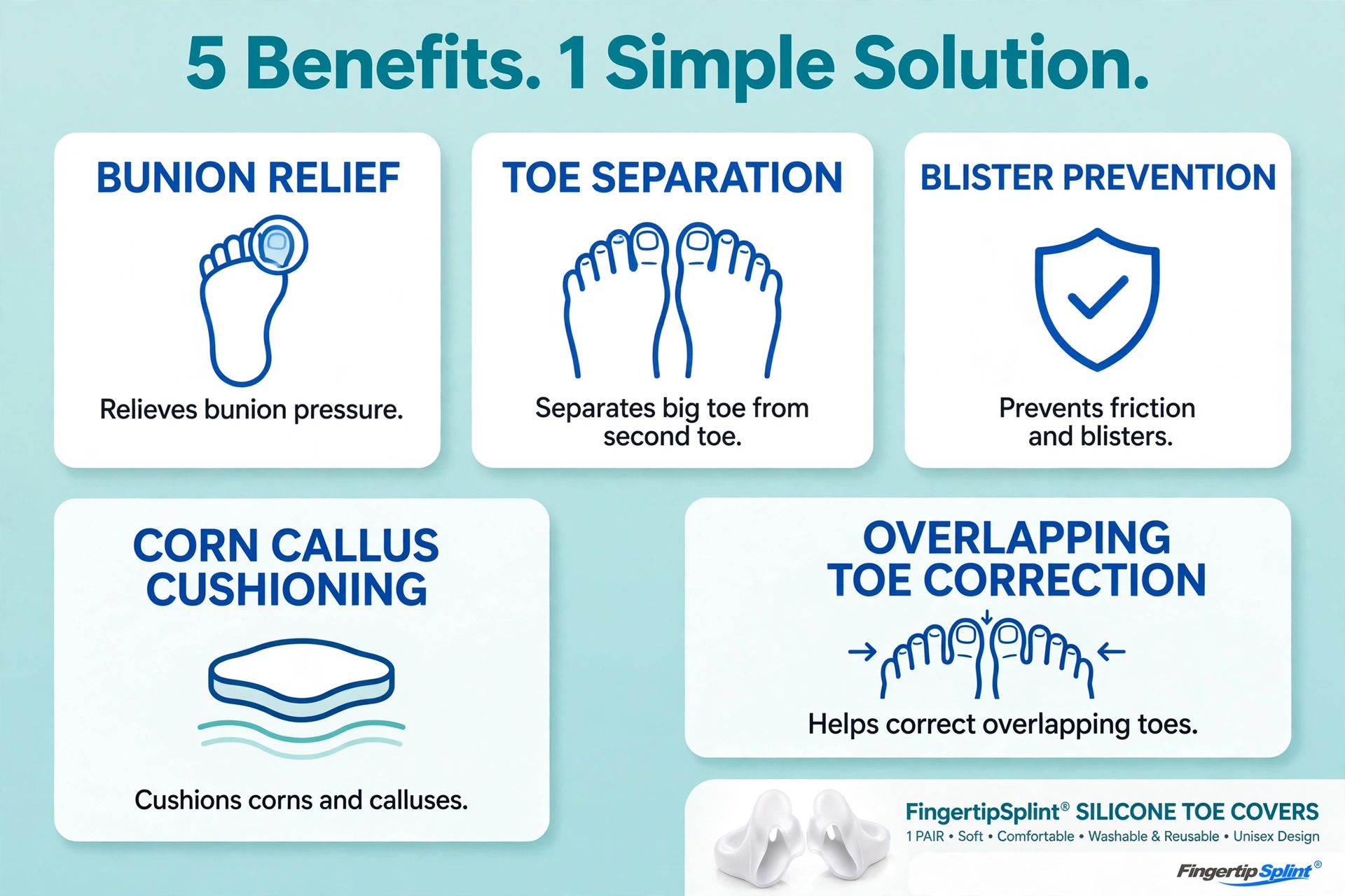 Silicone toe separators designed to improve foot comfort
