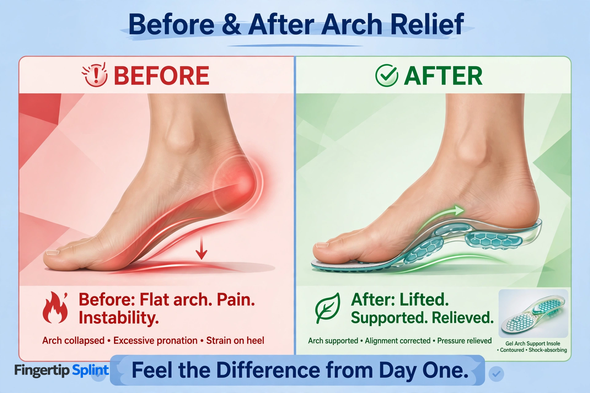 Gel arch support insoles for flat feet and everyday comfort