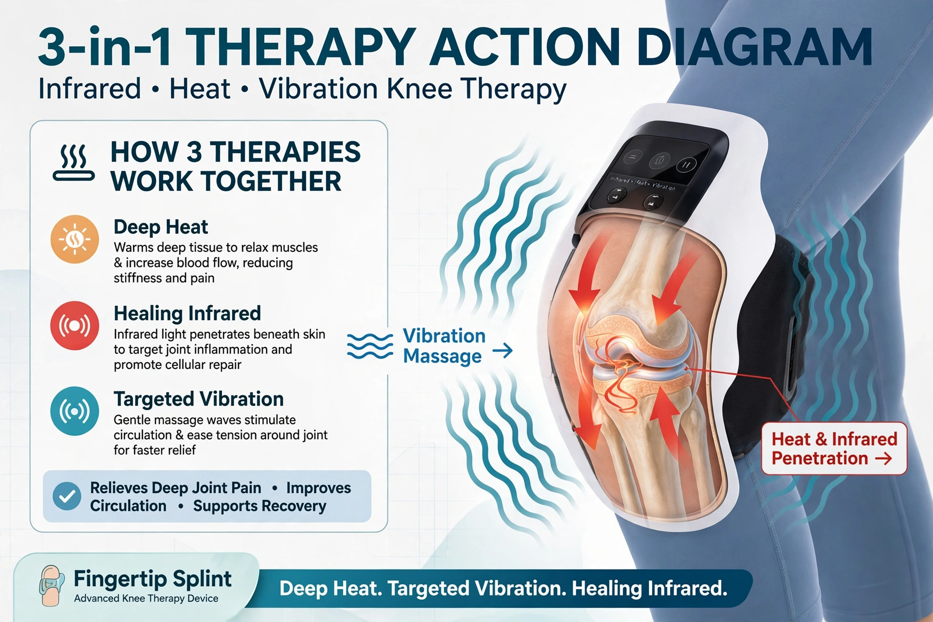 Cordless knee massager with heat, vibration, and infrared functions