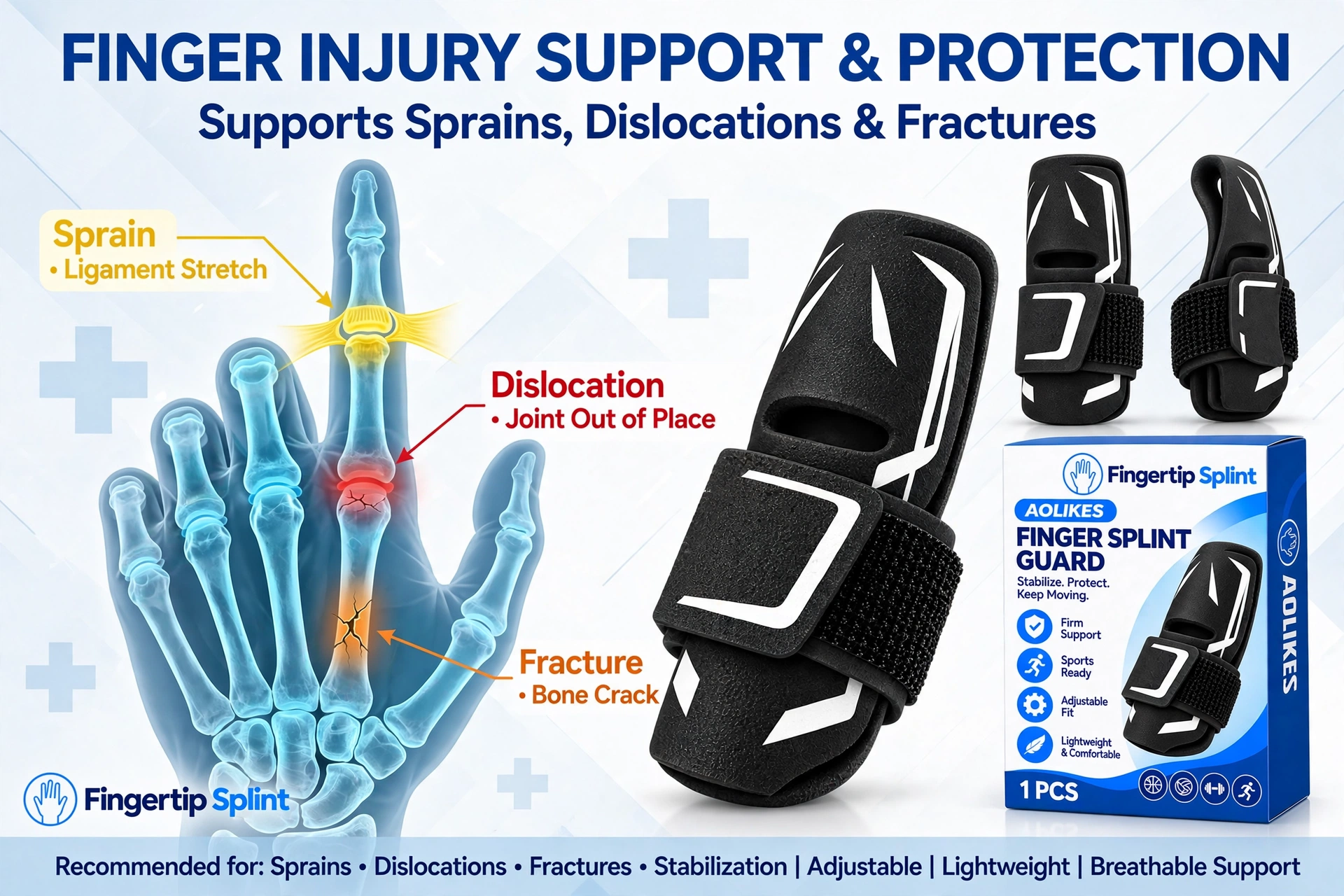 Finger injury support showing a finger splint stabilizing the injured joint after a sprain or dislocation