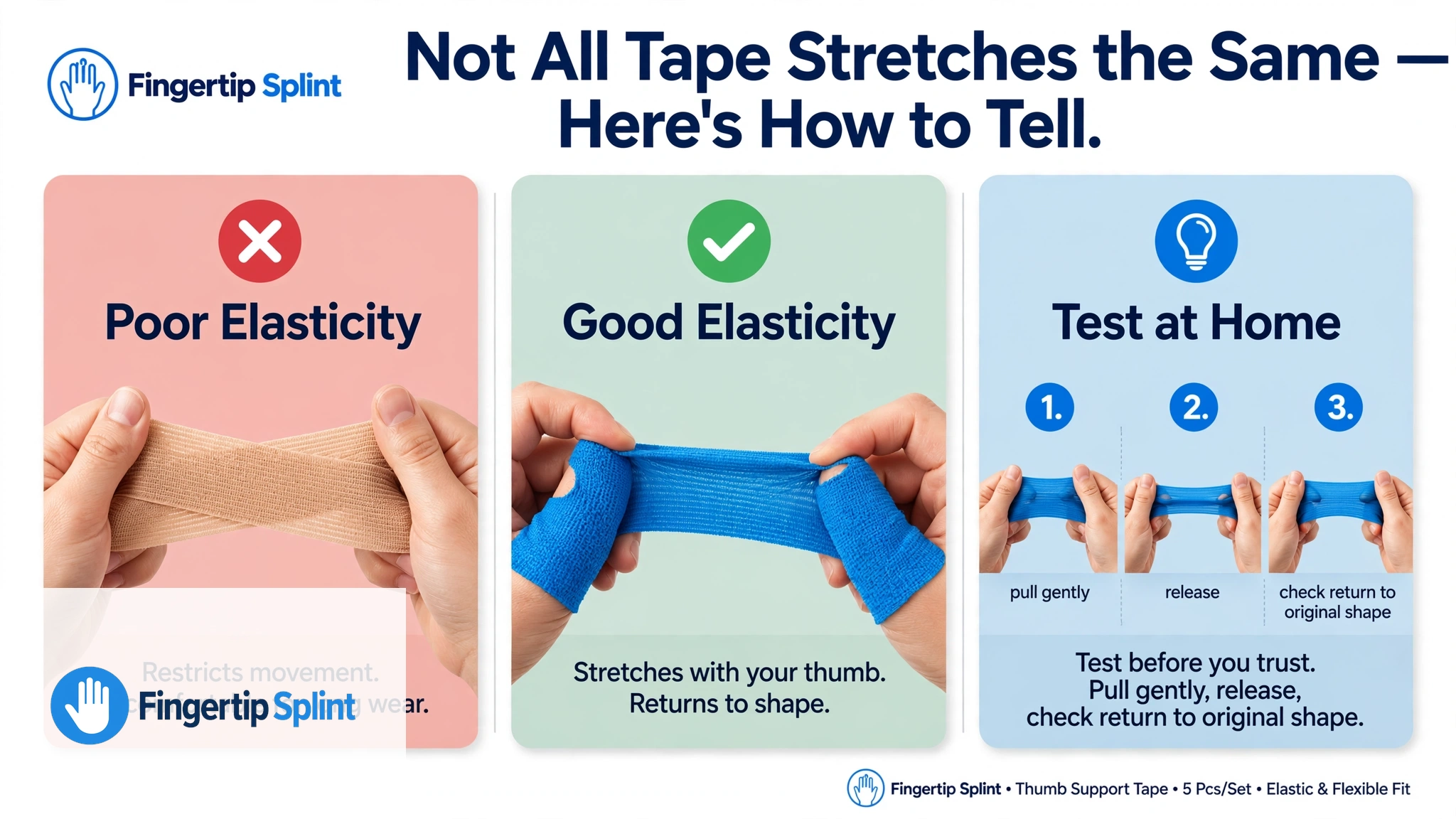 Elasticity test for self-adhesive thumb support tape showing how the material stretches and returns