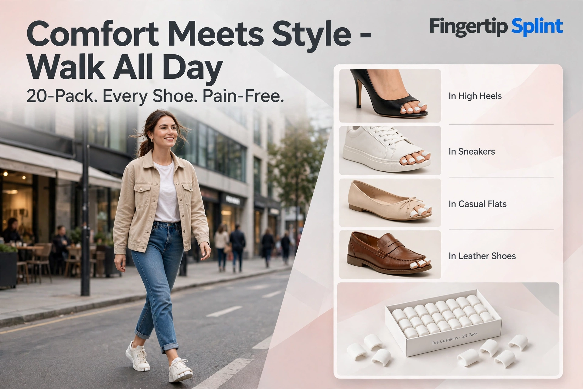Toe cushion fit for everyday shoes and work footwear