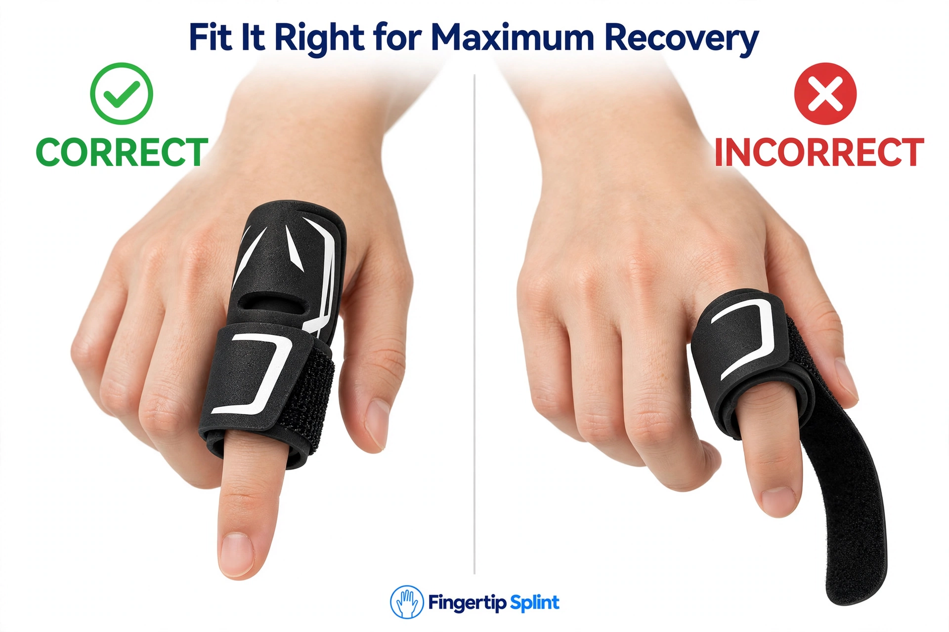 Fit it right showing a finger splint properly positioned with secure but comfortable tension