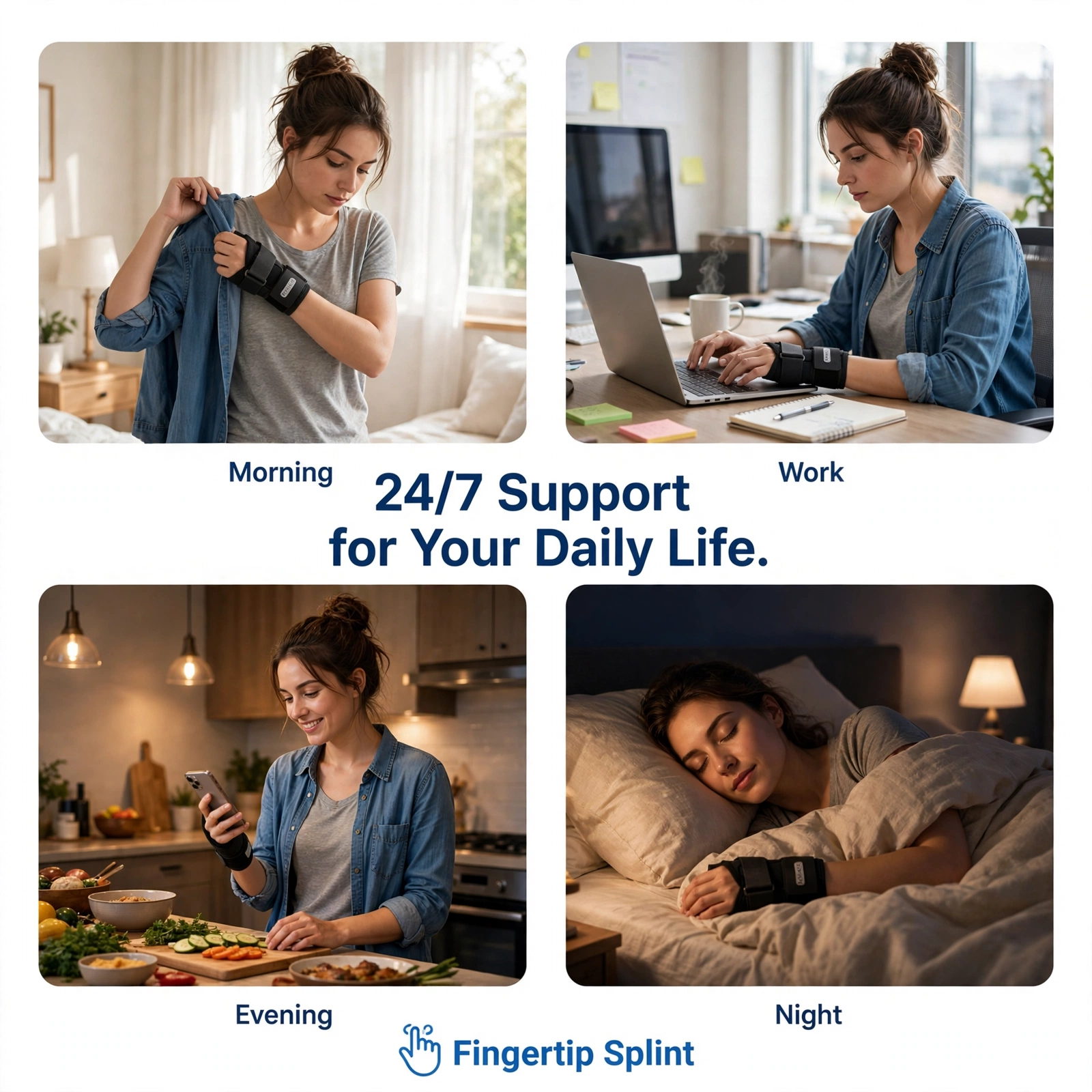 All-time support showing arthritis wrist support used throughout daily activities including work, phone use, and household tasks