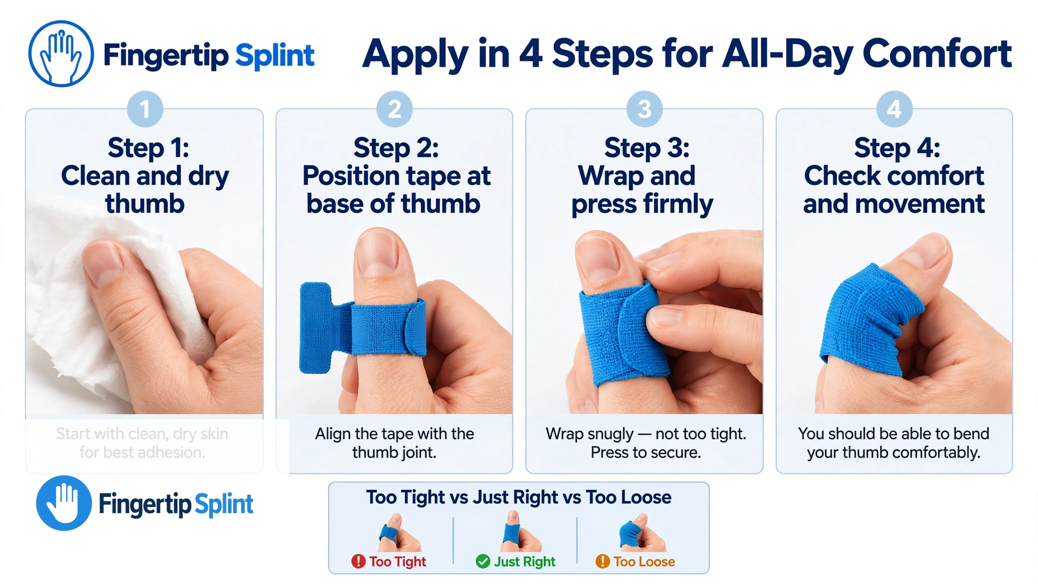 Four-step thumb tape fit guide showing measure, compare, apply, and check movement