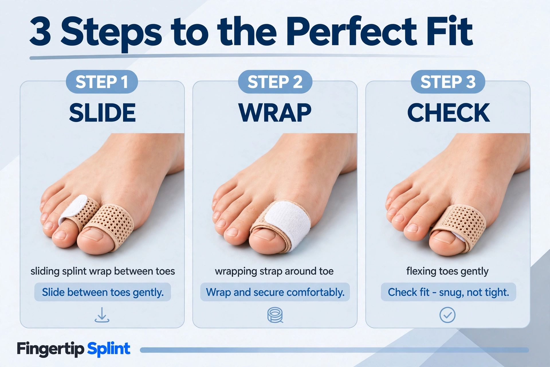 Proper fit of toe separator wraps showing correct positioning and secure wrap