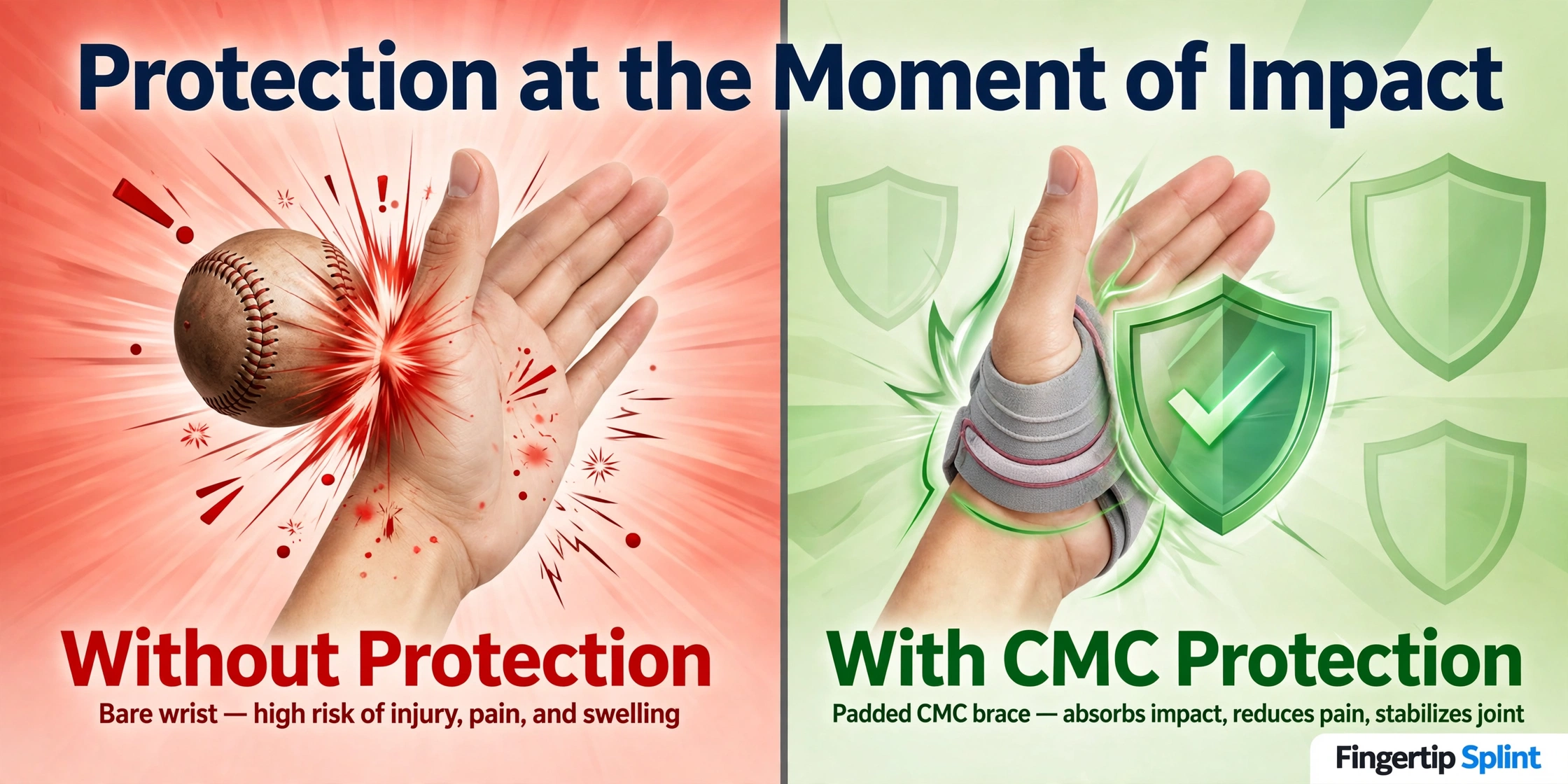 Protection from CMC thumb support showing thumb base coverage, wrist support, and comfortable materials